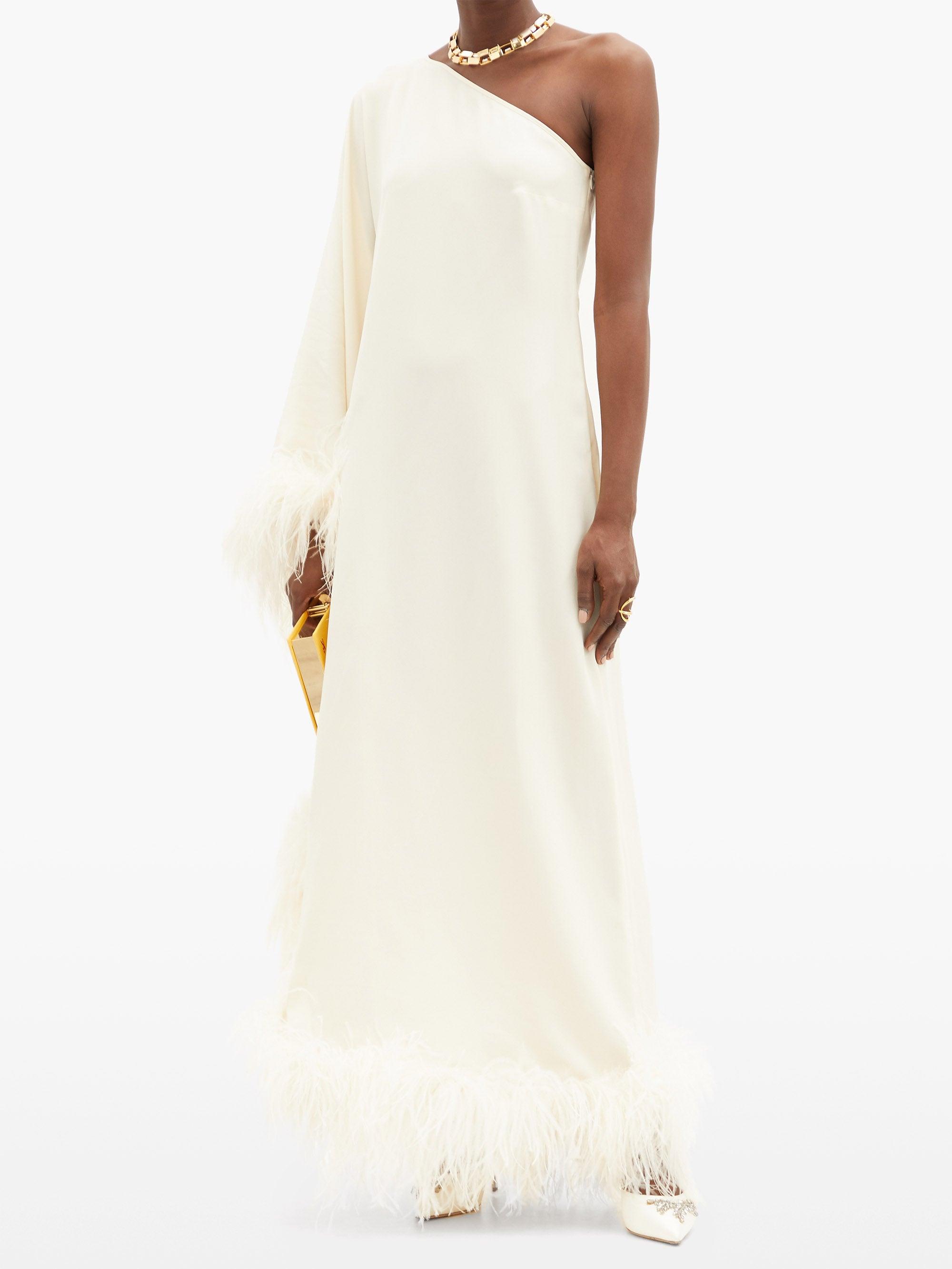 one shoulder feather dress