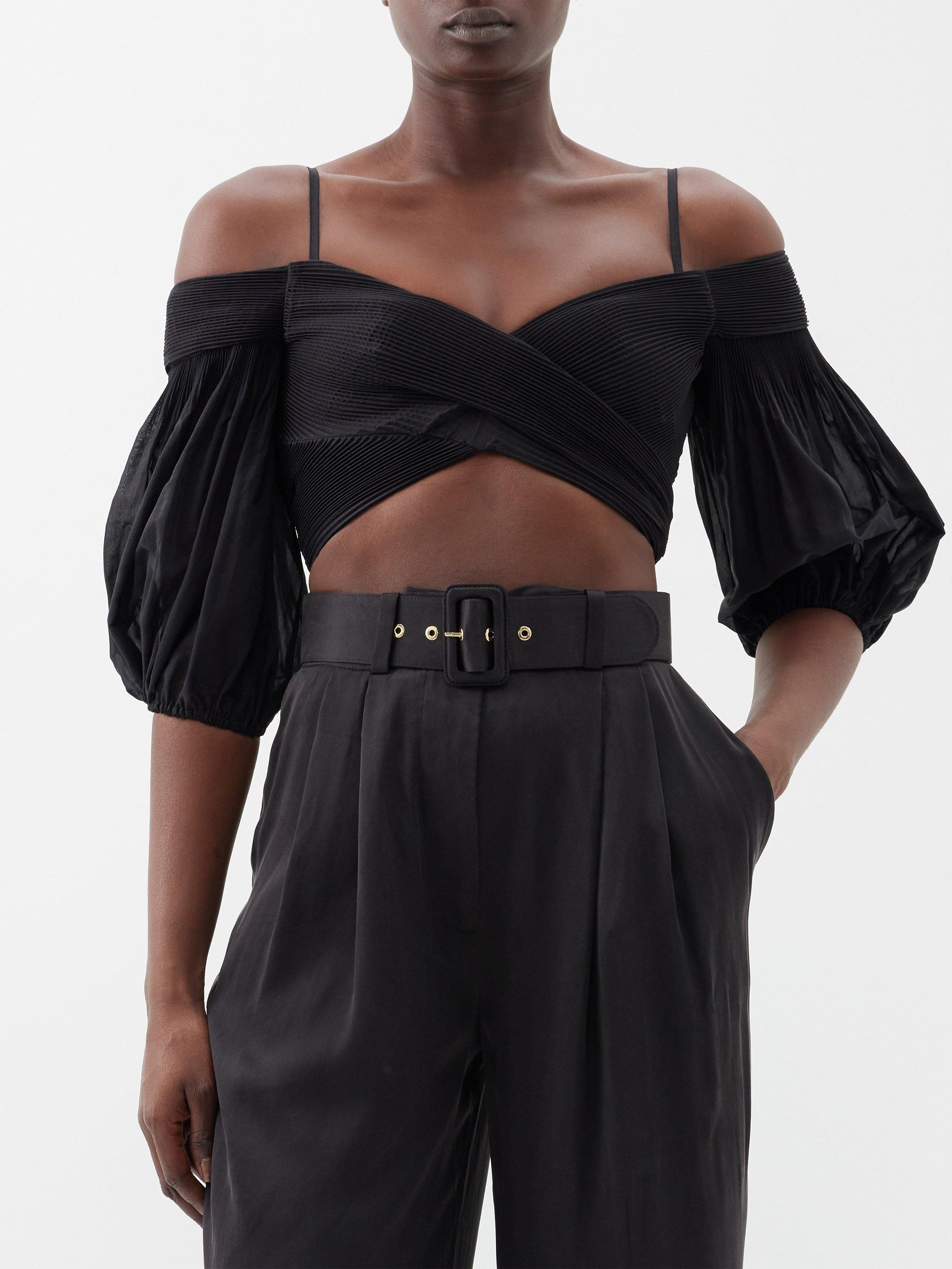 Zimmermann Puff-sleeve Pleated Crop Top in Black | Lyst