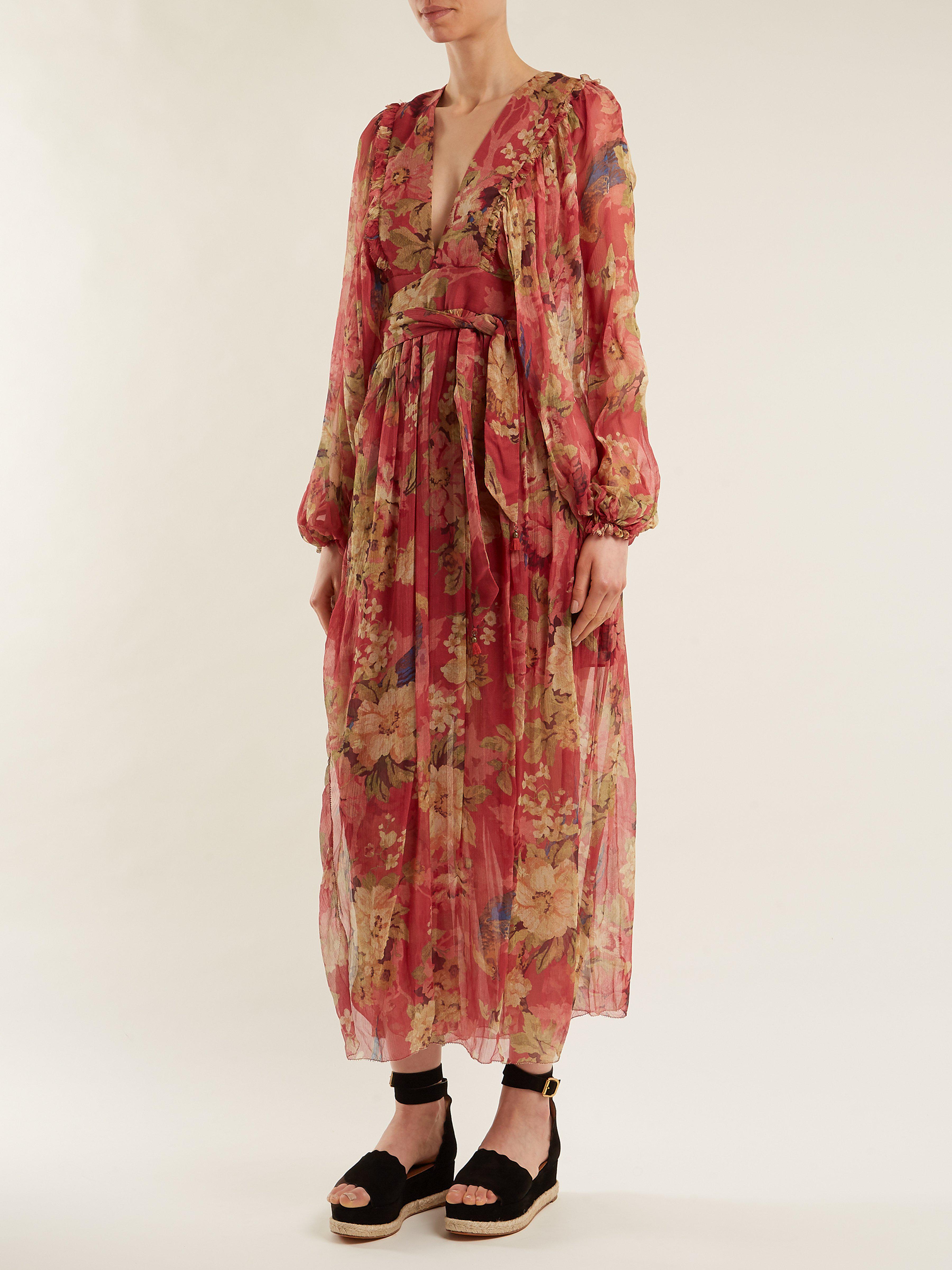 Zimmermann Melody Wrap Floral Print Silk Dress in Burgundy (Red) - Lyst