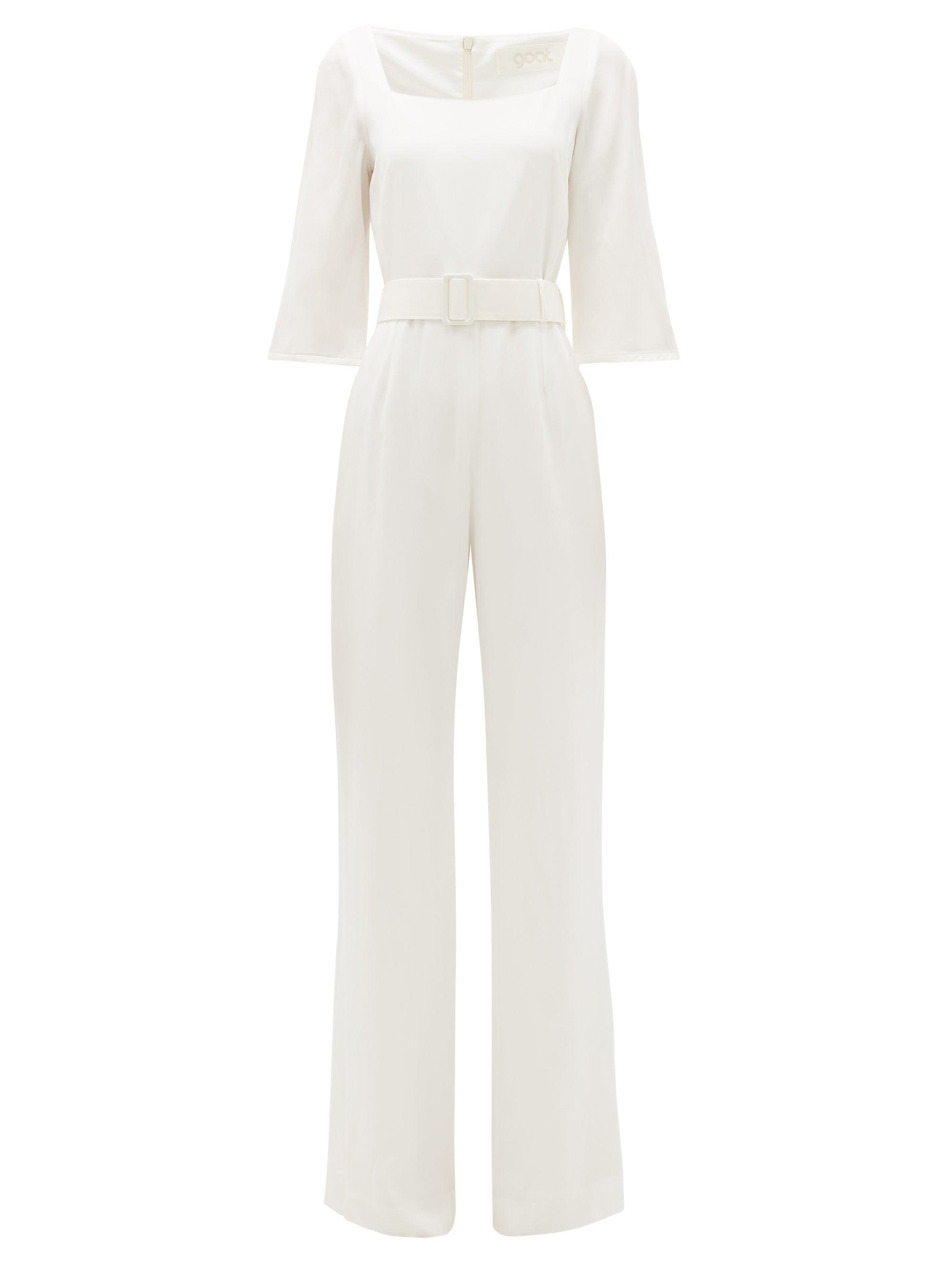 Goat Satin Jagger Belted Crepe Wide-leg Jumpsuit in White - Lyst