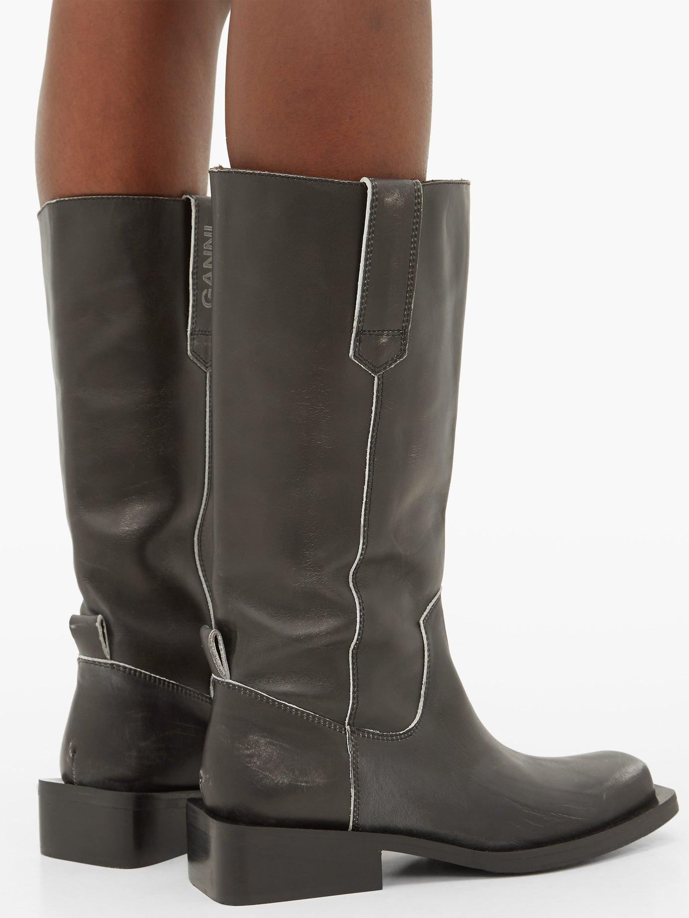 Ganni Mc Distressed Leather Western Boots in Black - Lyst