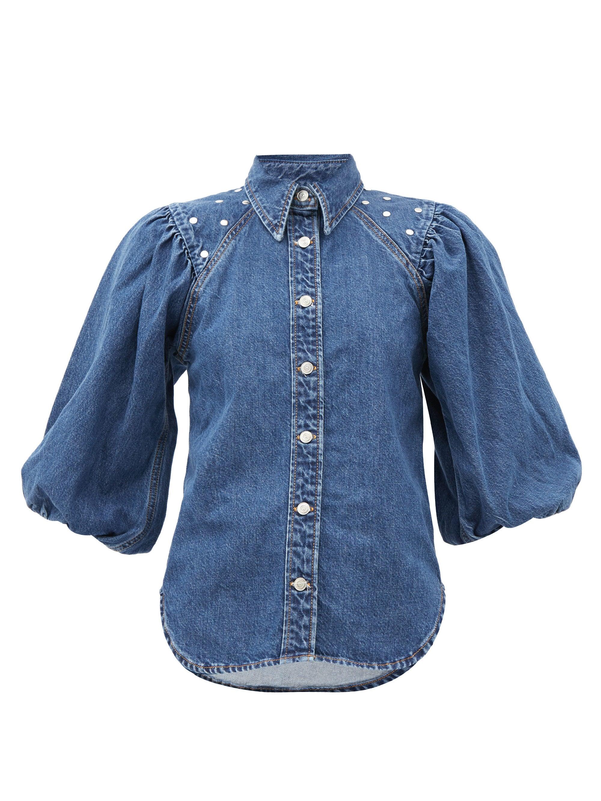 Ganni Studded Organiccotton Denim Shirt in Blue Lyst