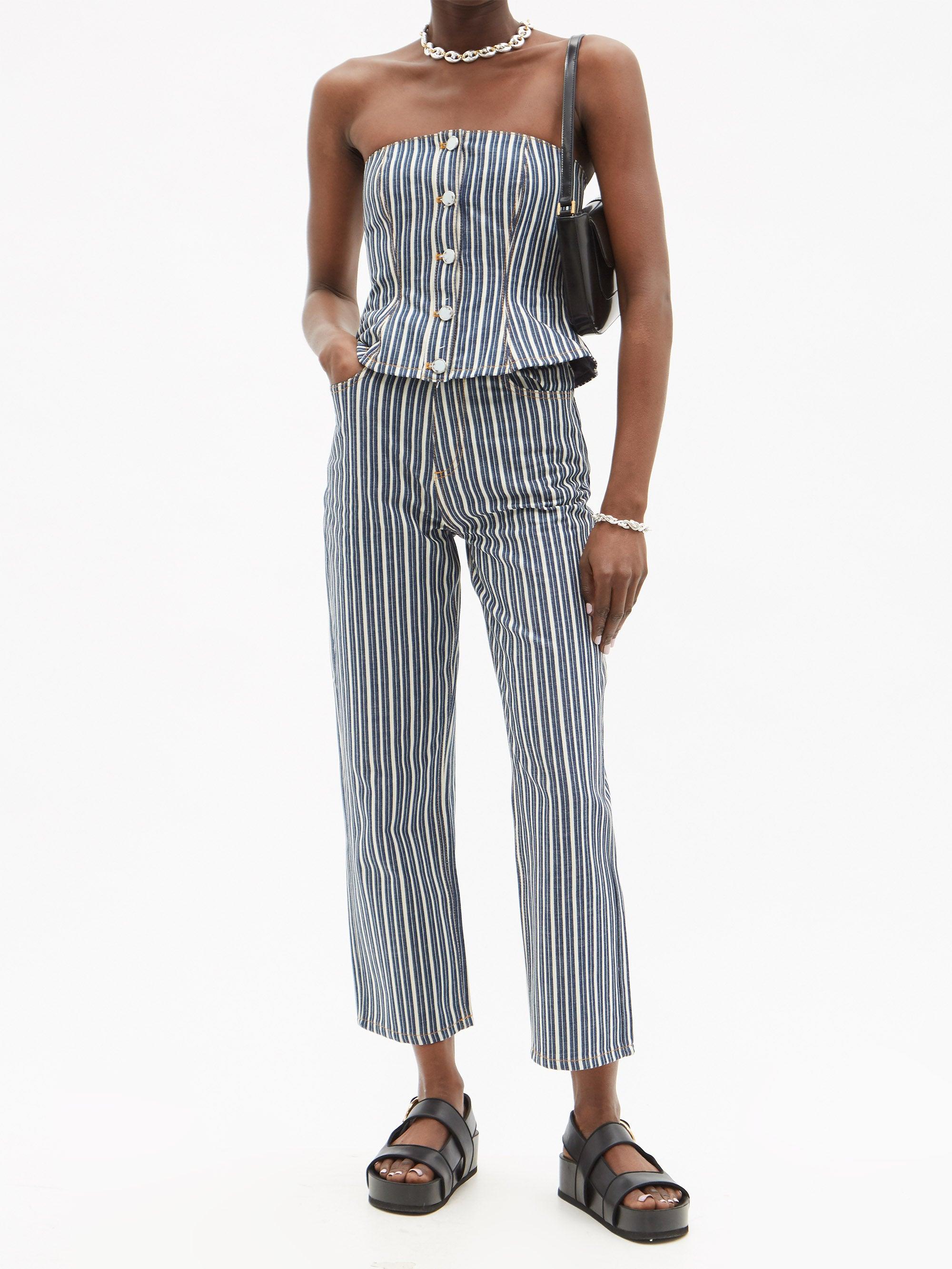 Ganni Striped Logo-print Wide-leg Jeans in Blue | Lyst