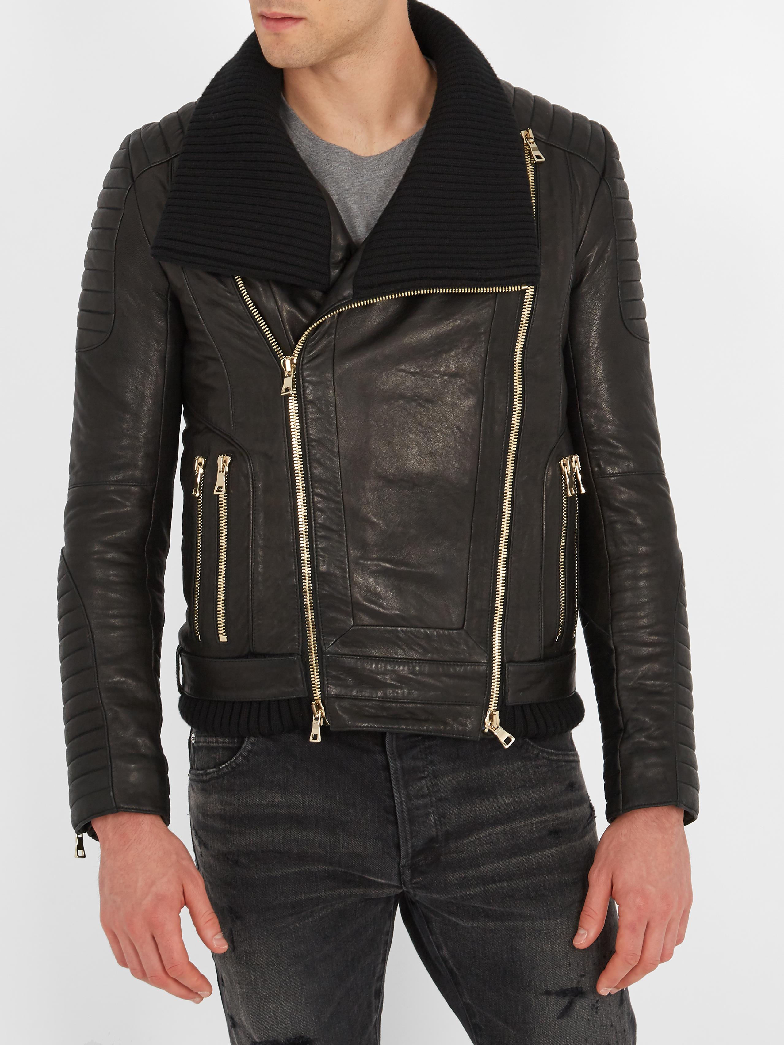 Balmain Ribbed-knit Leather Jacket in Black for Men Lyst