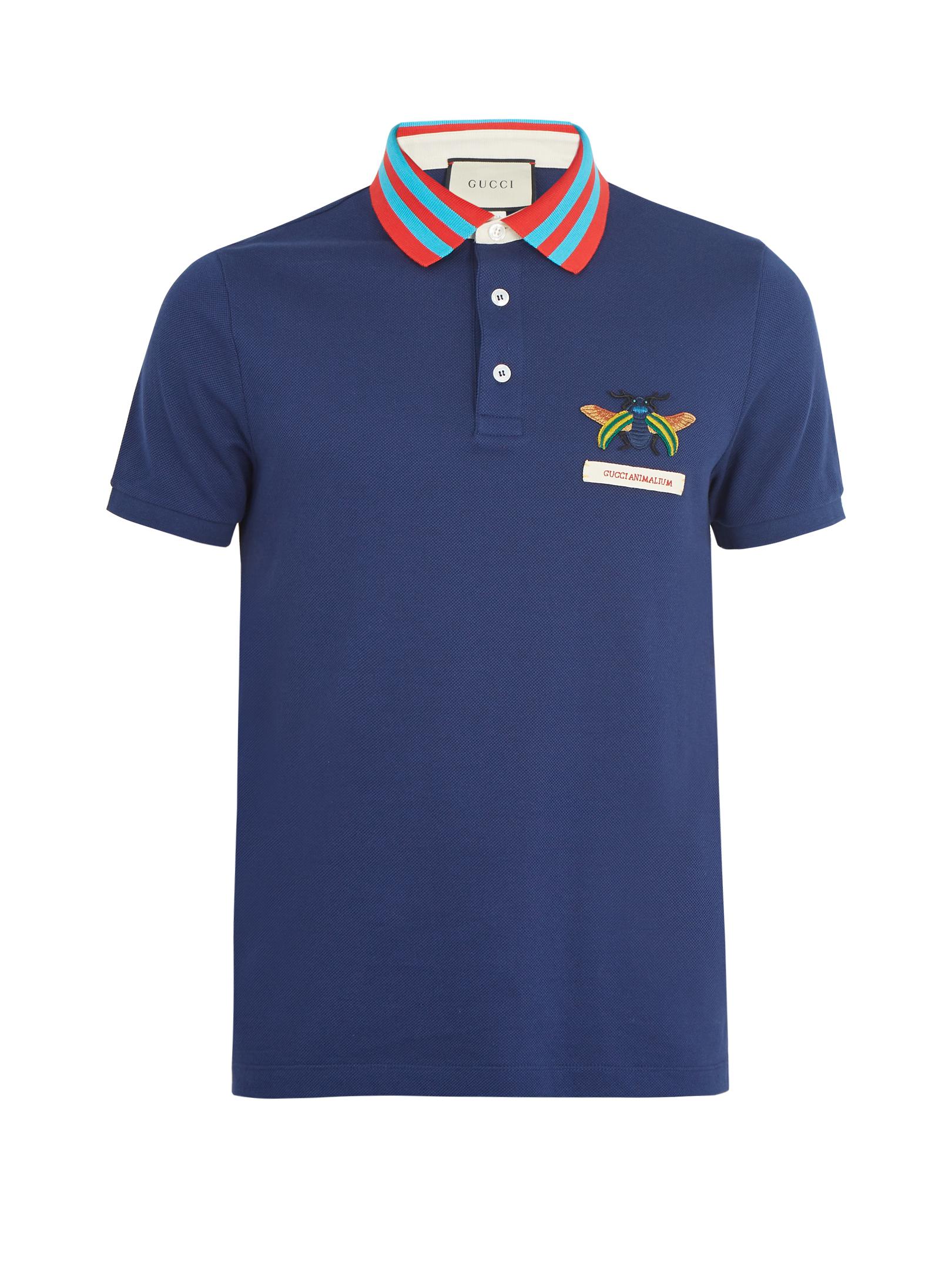 Gucci Beetle Appliqué Cotton Piqué Polo Shirt in Blue for Men - Lyst