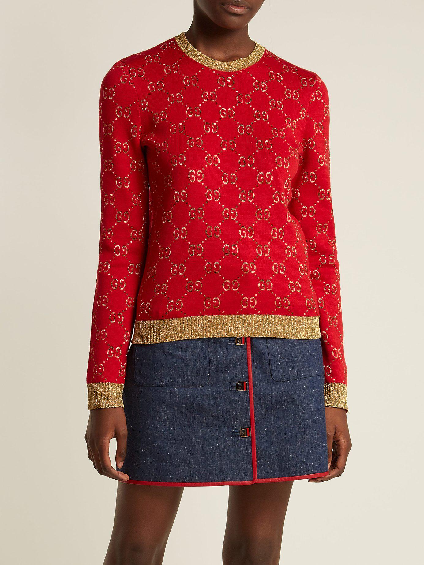 Gucci Gg Jacquard Knit Cotton Blend Sweater in Red Lyst