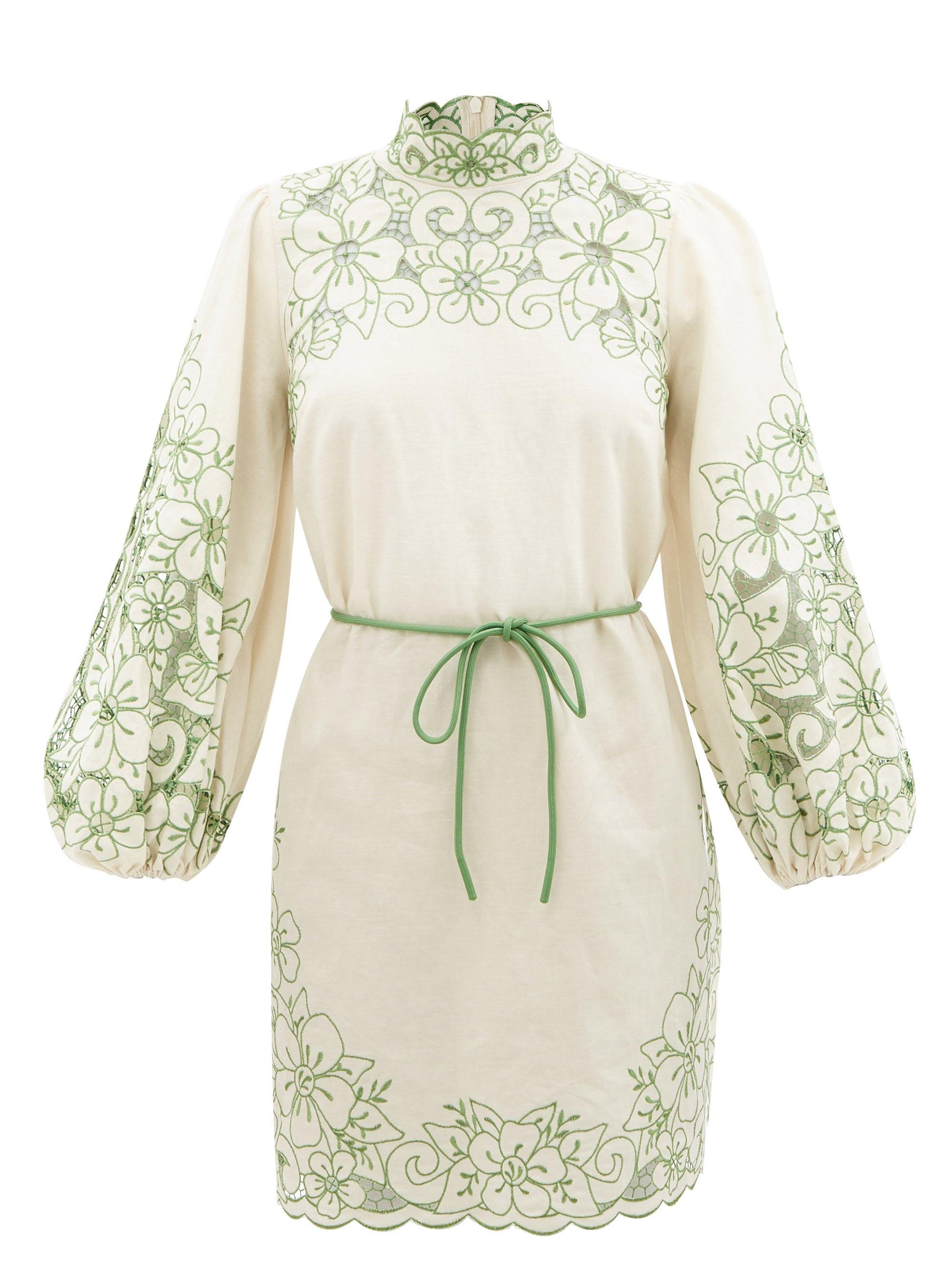 Zimmermann Teddy Floral-embroidered Linen-blend Mini Dress in Green | Lyst