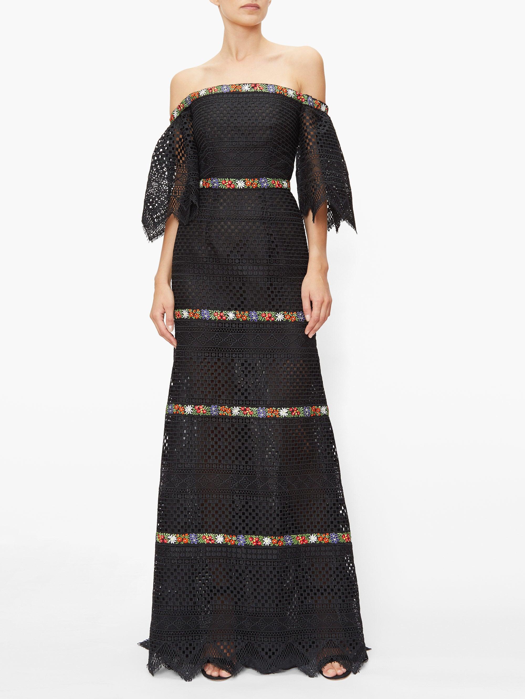 Carolina Herrera Floral-embroidered Guipure-lace Bardot Dress in Black |  Lyst