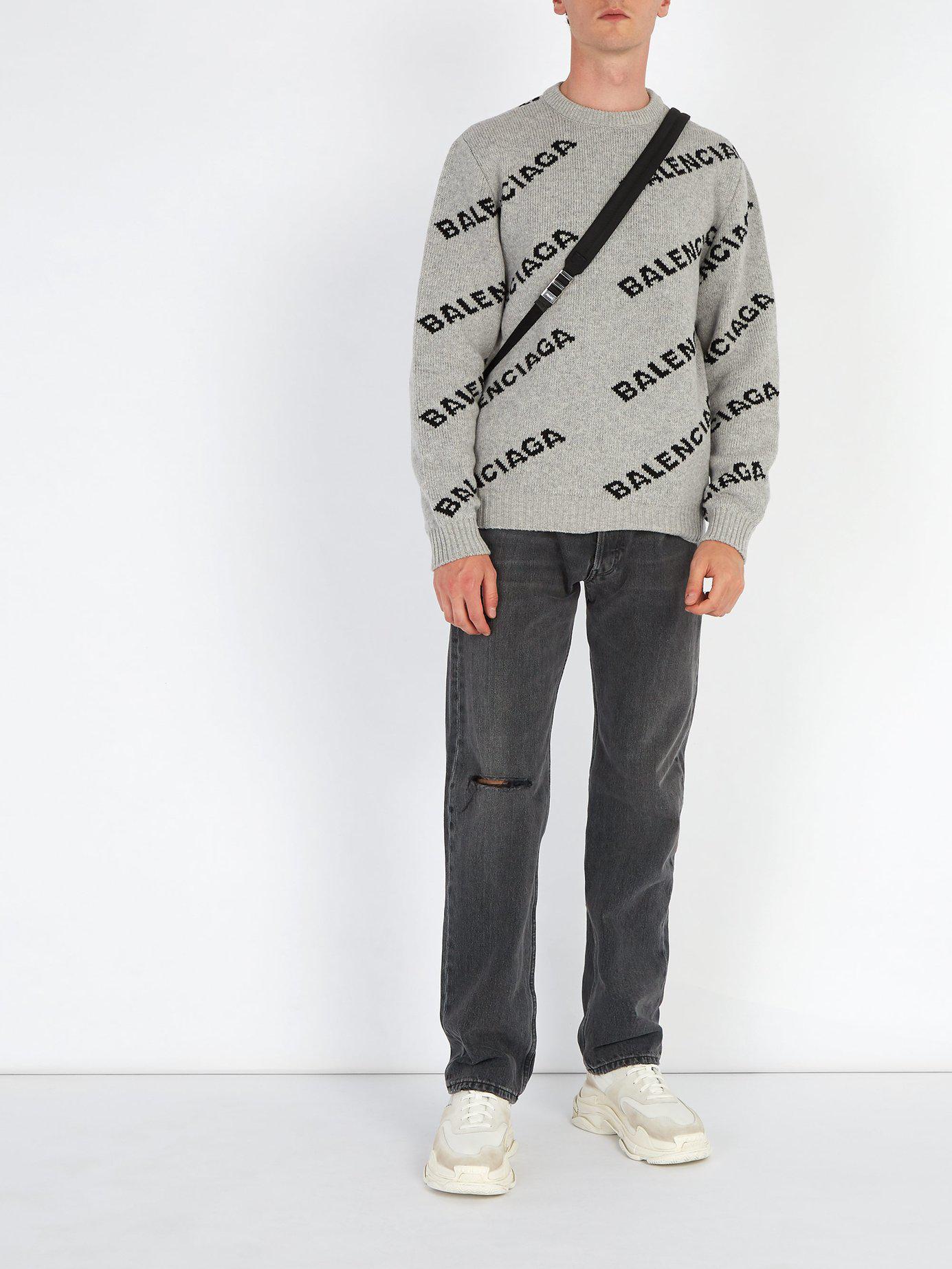 Balenciaga Wool Logo Crew Neck Sweater in Grey (Gray) for Men - Lyst