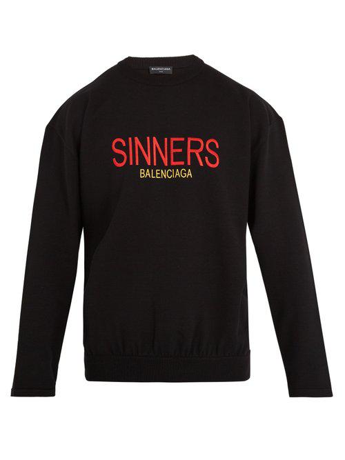 Balenciaga Sinners-embroidered Crew-neck Wool-blend Sweater in Black for  Men | Lyst
