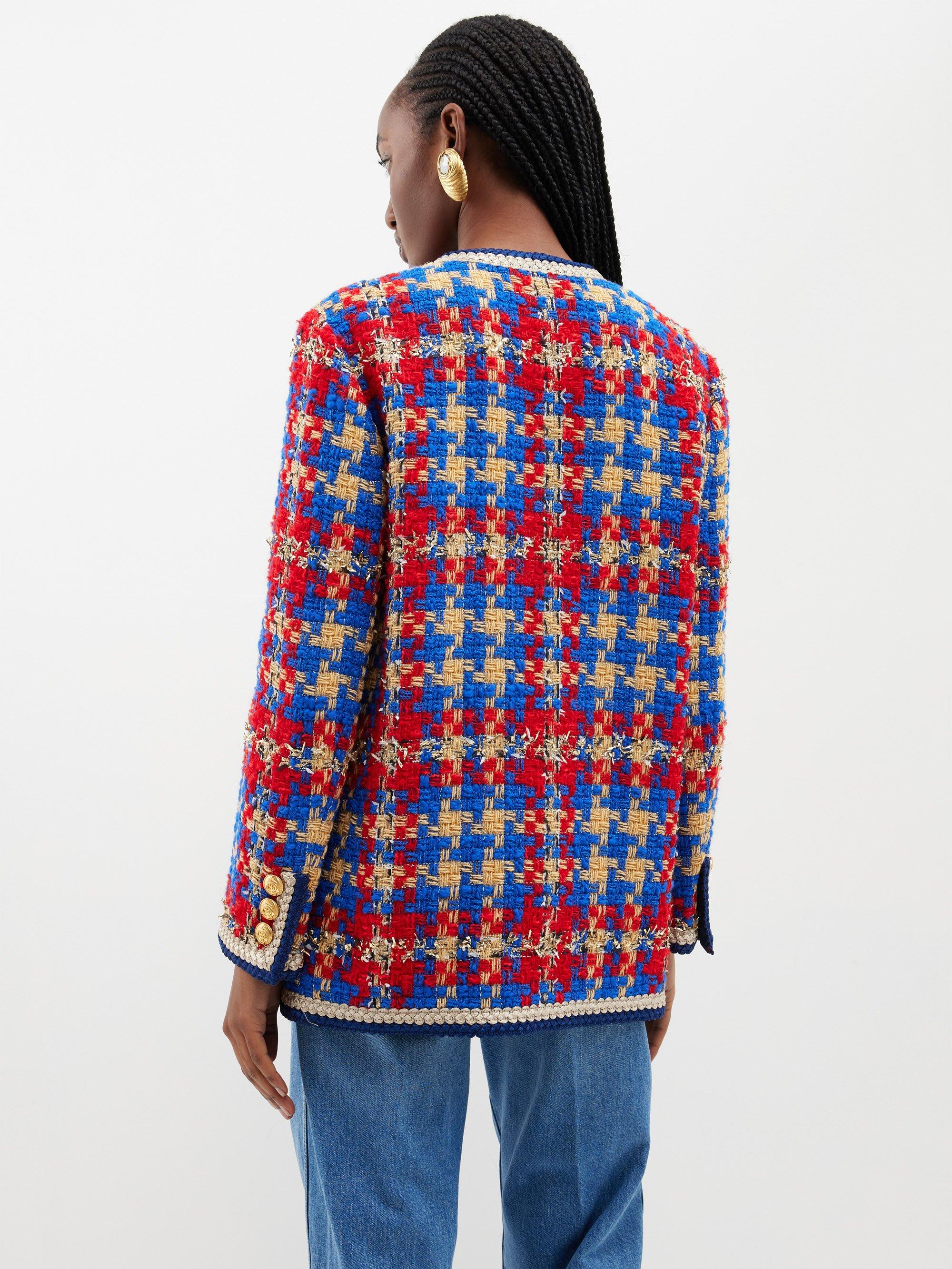 Gucci Collarless Check-tweed Jacket in Red | Lyst