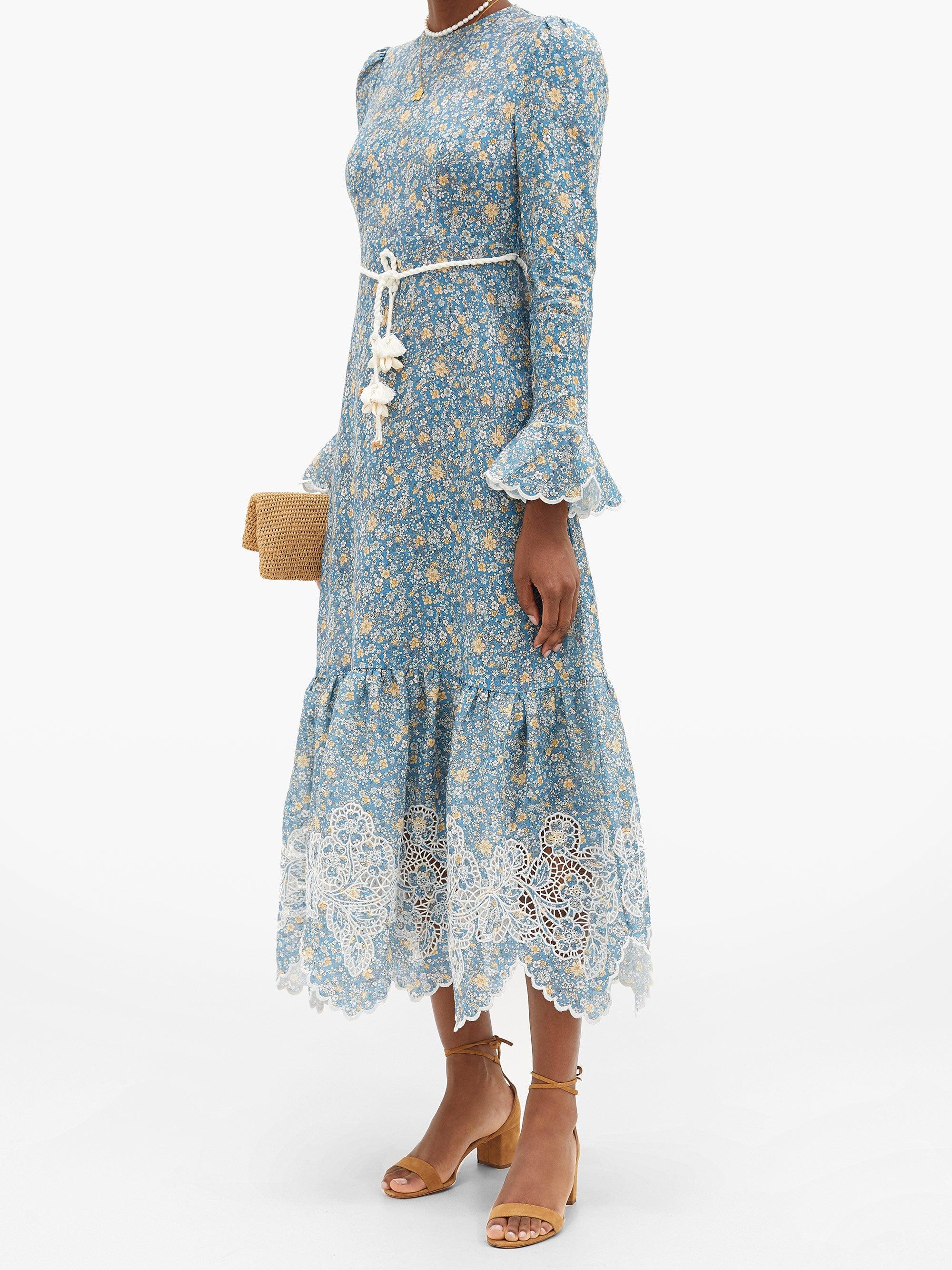 Zimmermann Carnaby Ropebelt Floralprint Linen Midi Dress in Blue