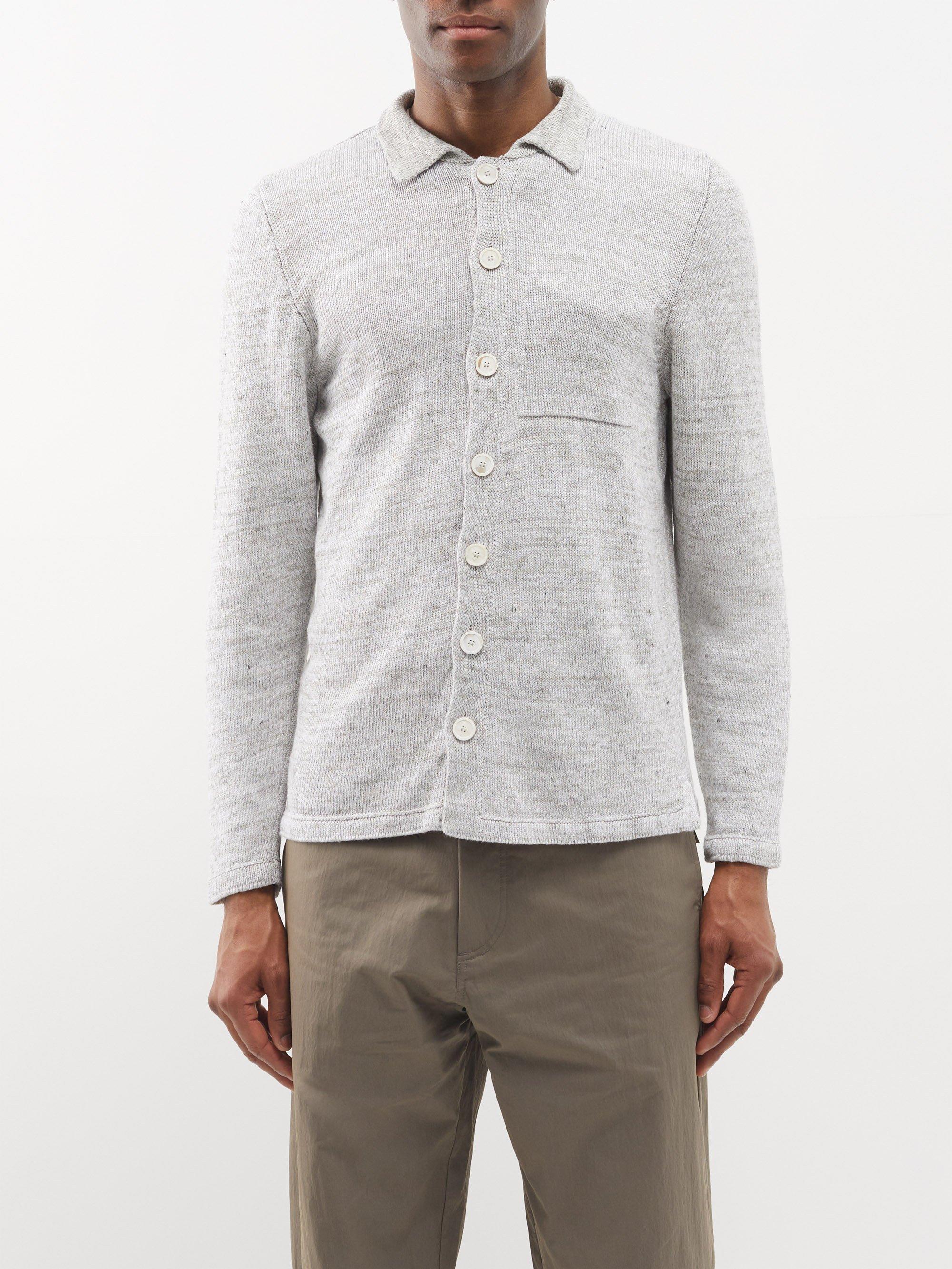 Inis Meáin Collared Washed-linen Cardigan in Gray for Men | Lyst