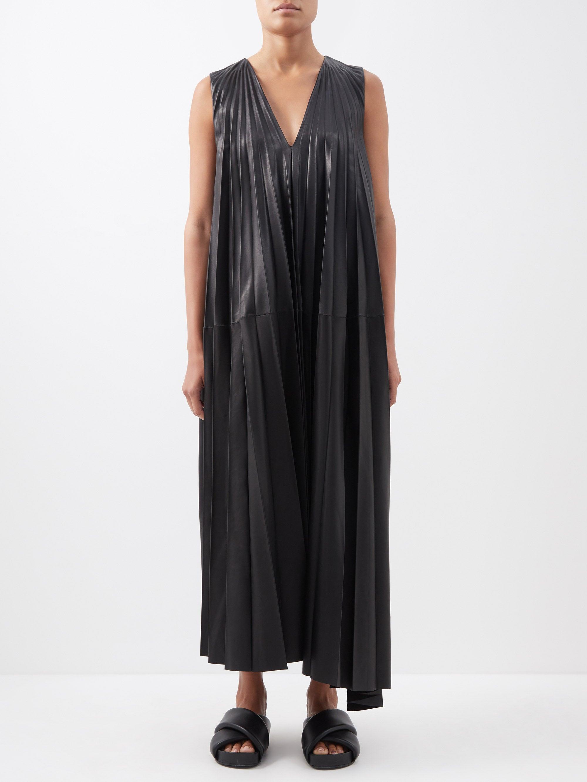 JOSEPH Garratt Asymmetric Pleated Leather Dress in Black | Lyst