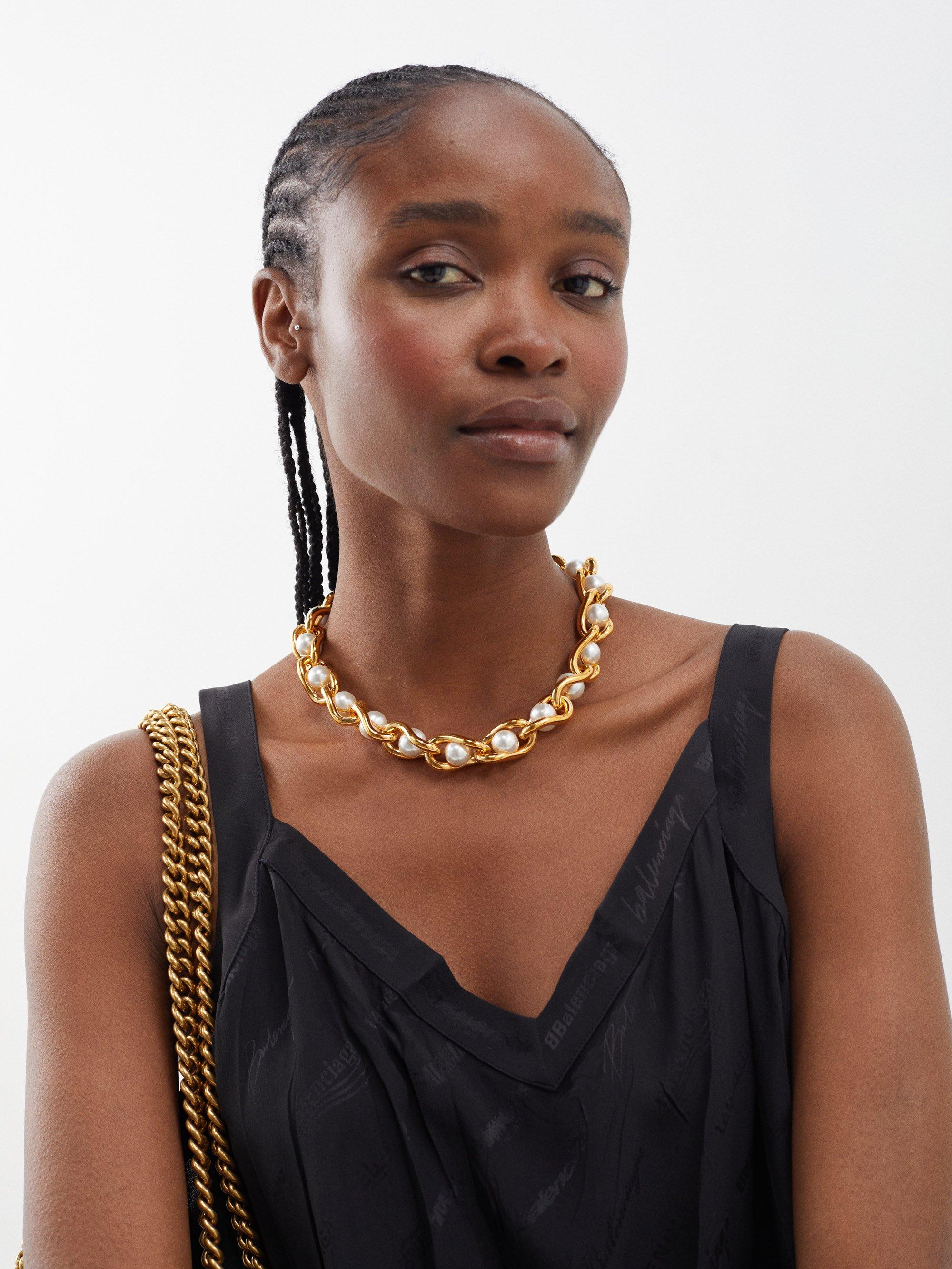 Balenciaga Faux Pearl And Chain Choker Necklace in Metallic | Lyst
