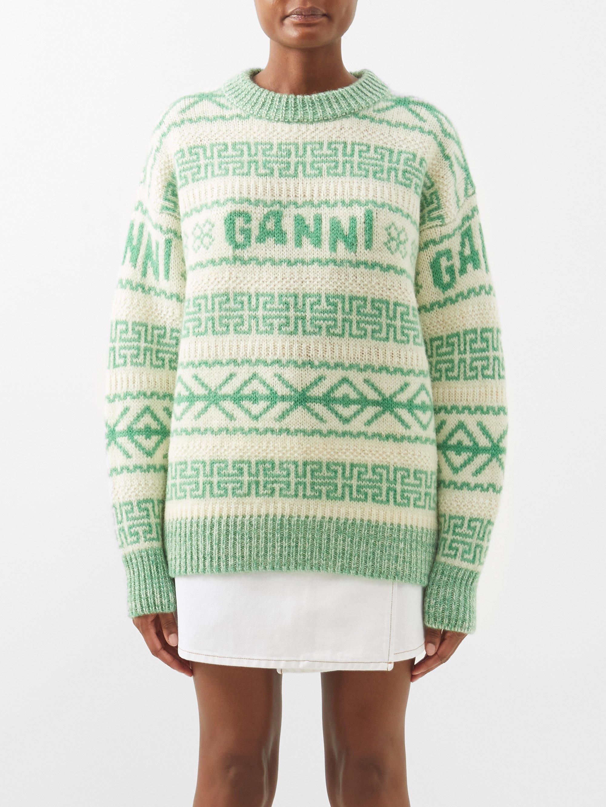 Ganni Logo-jacquard Organic-wool Sweater in Green | Lyst