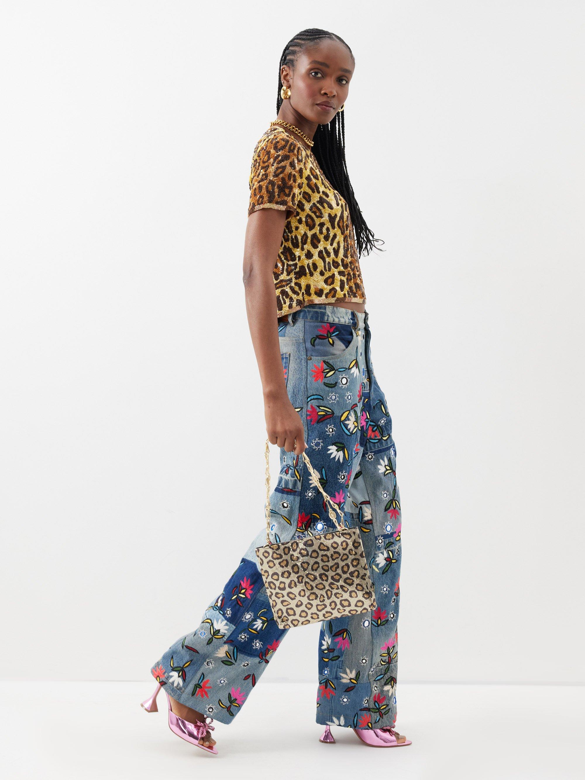 Ashish Floral-embroidered Patchwork-denim Jeans in Blue | Lyst