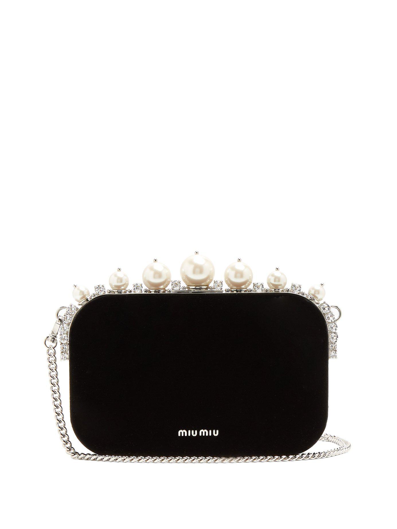 Miu Miu Pearl And Crystal Embellished Velvet Clutch in Black | Lyst
