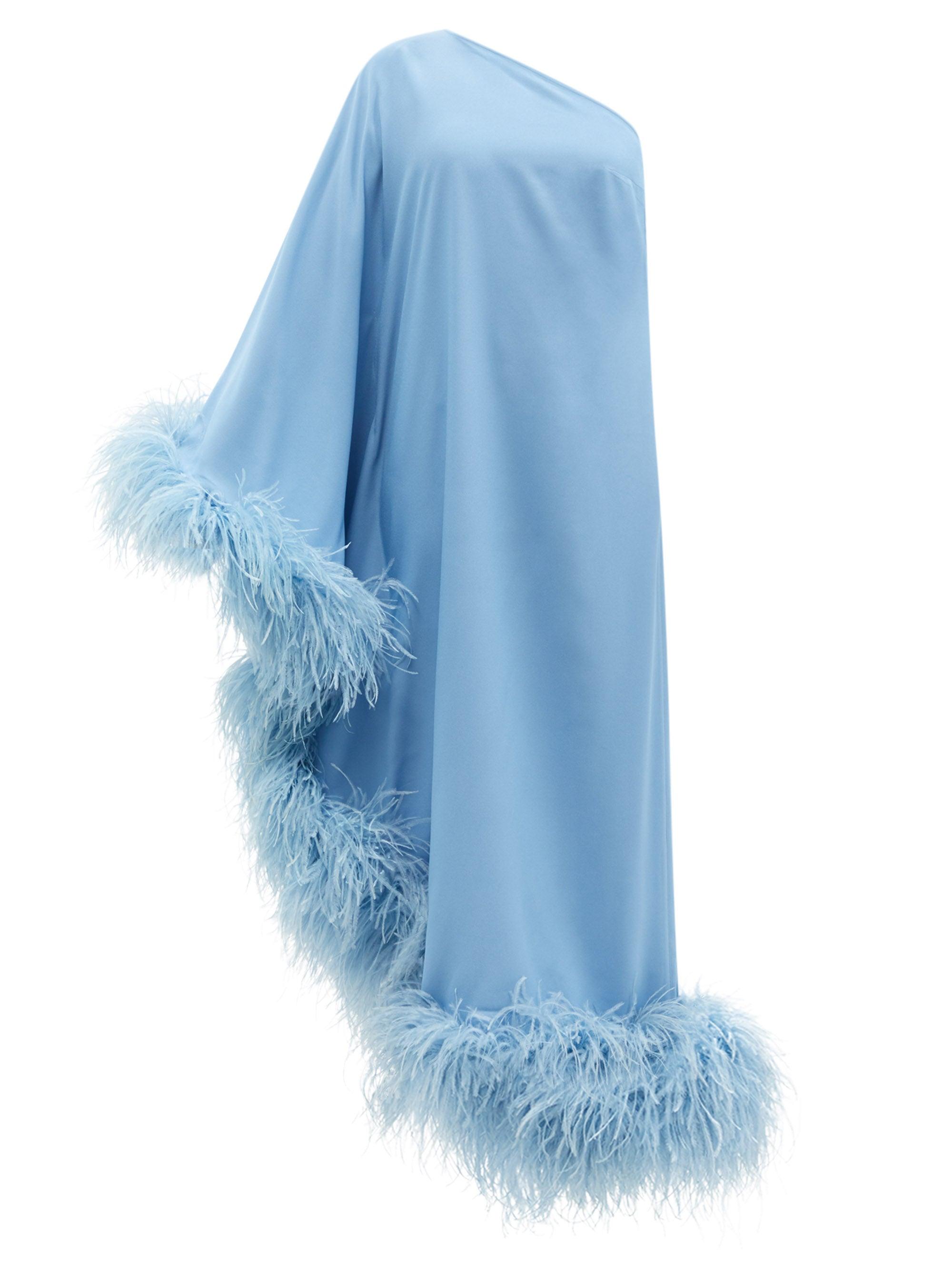 ‎Taller Marmo Ubud One-shoulder Feather-trimmed Dress in Blue | Lyst