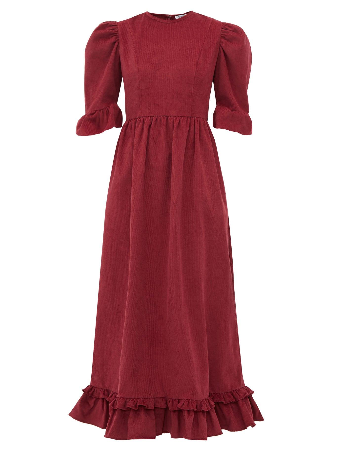 BATSHEVA Puffsleeve Cottoncorduroy Dress in Burgundy (Red) Lyst