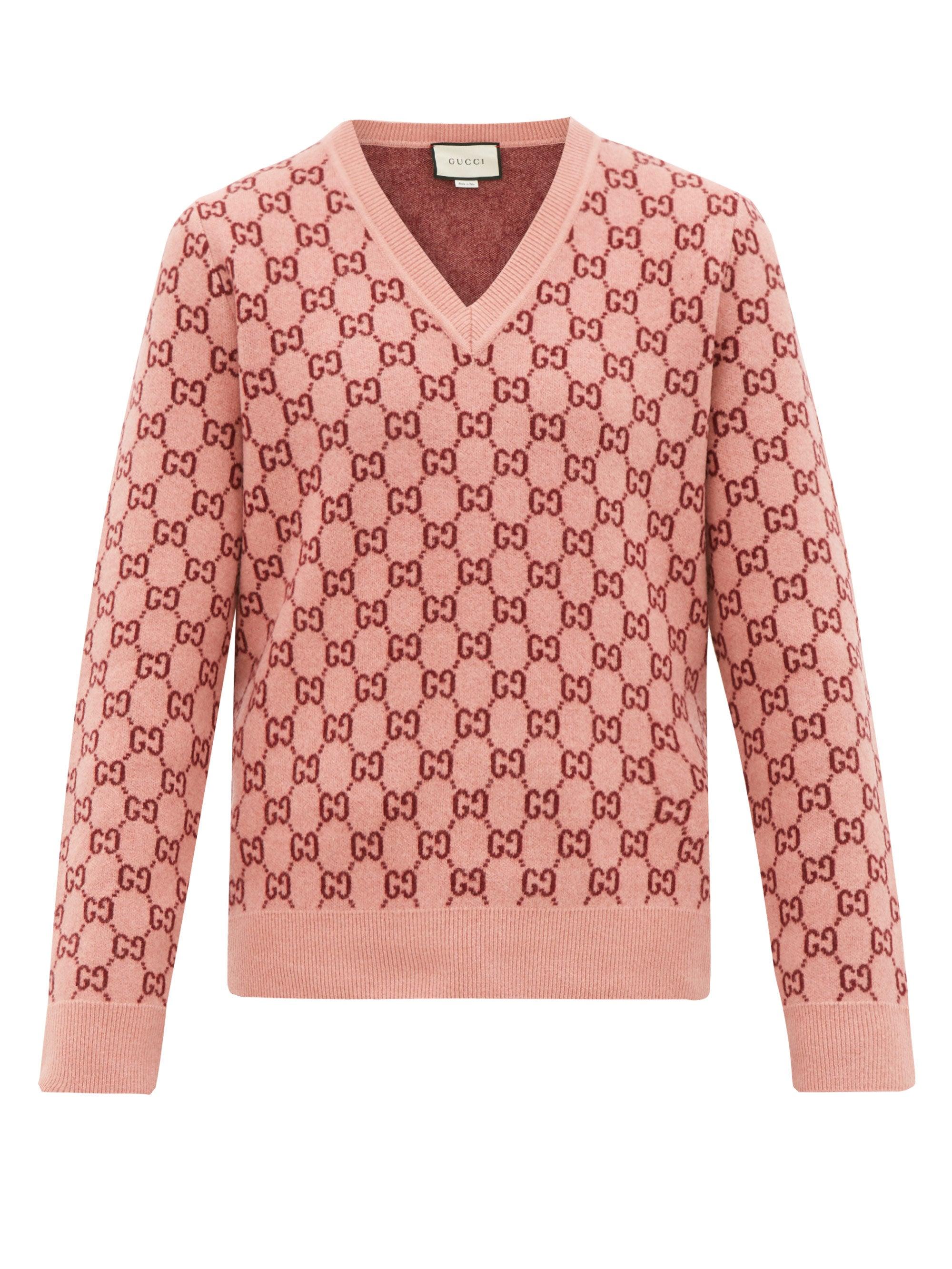 Gucci GG Monogram Felted-wool Blend V-neck Sweater in Pink for Men | Lyst