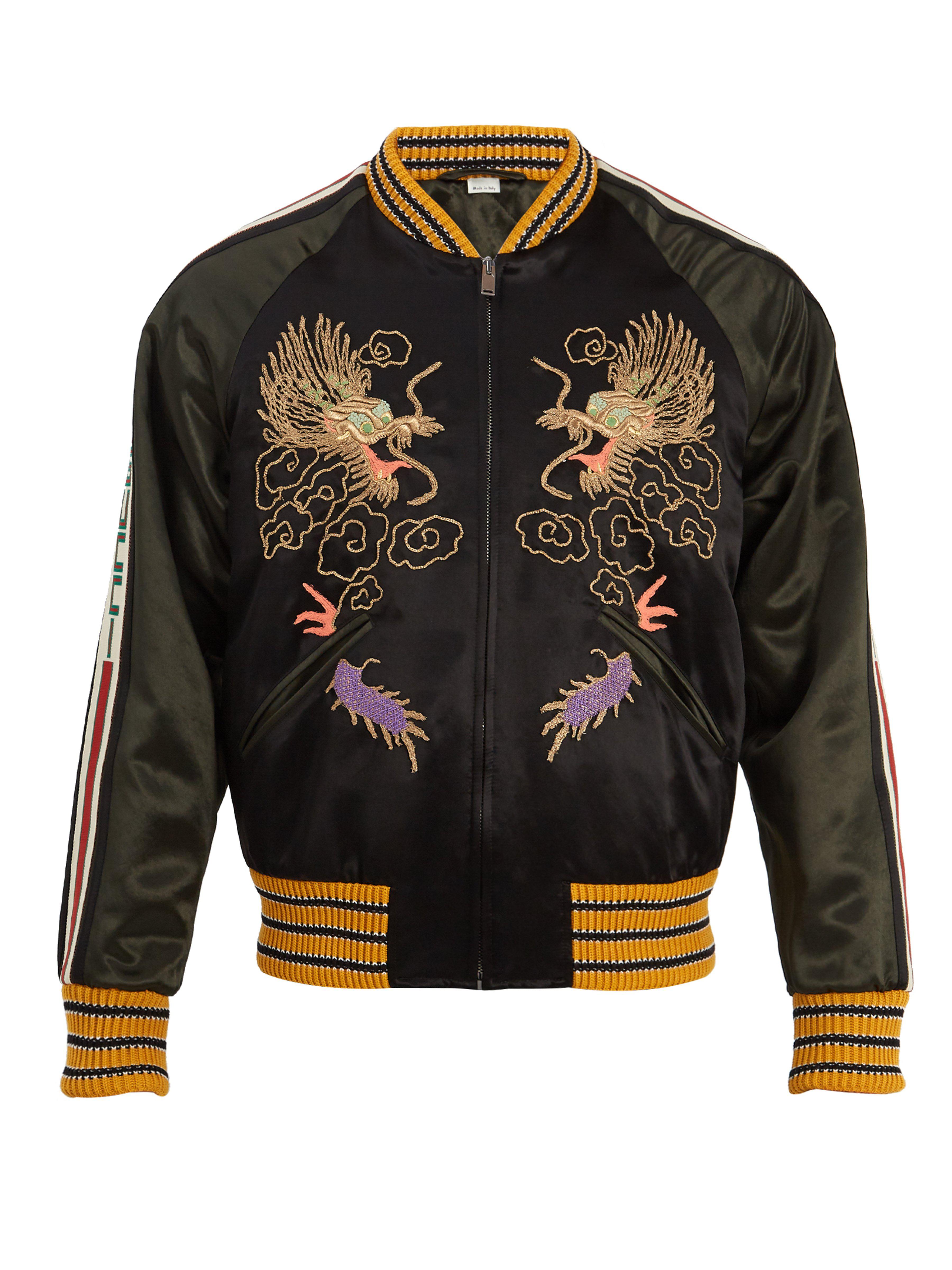 Gucci Dragon-embroidered Satin Bomber Jacket In Black