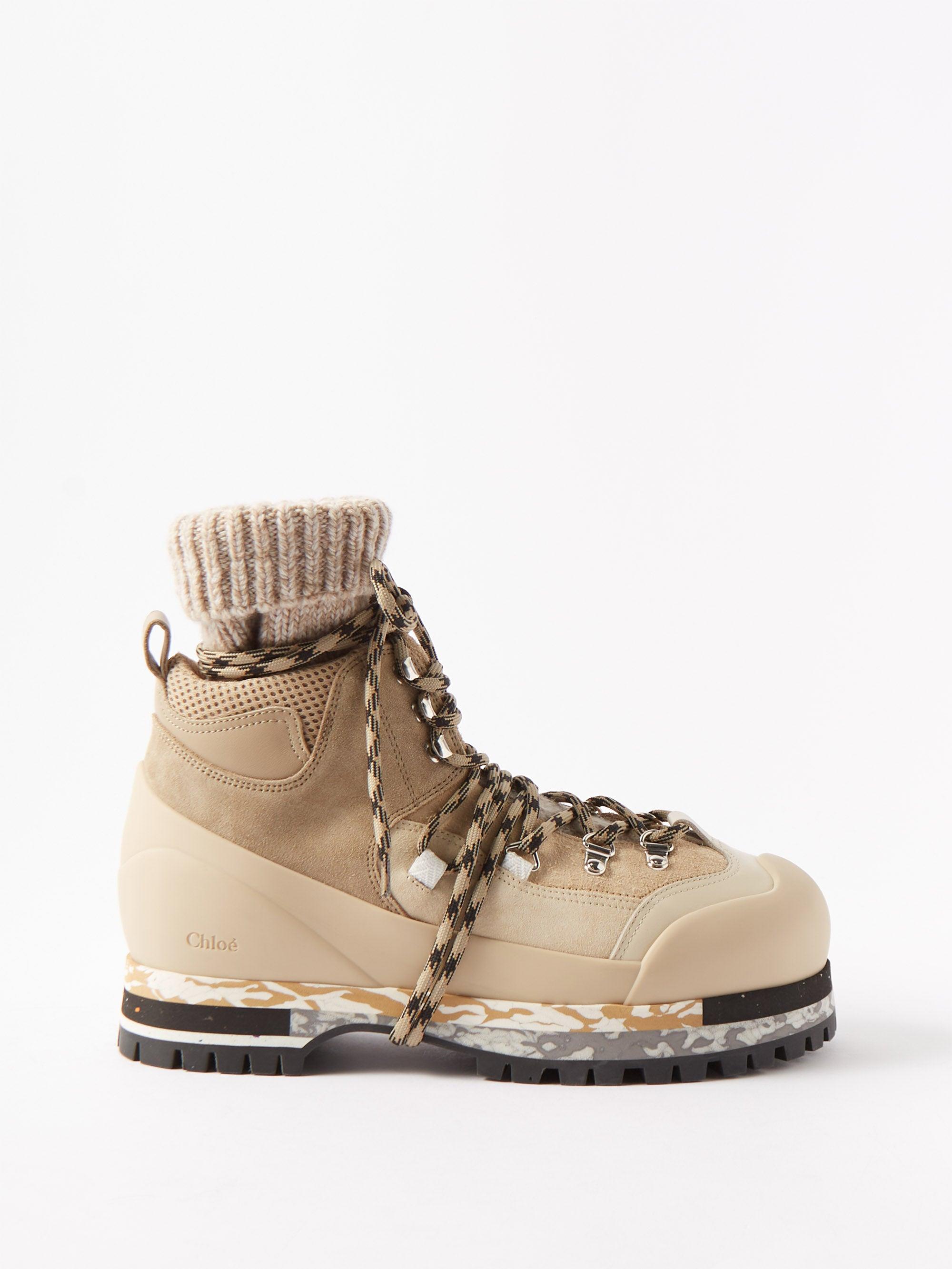 Chloé Nikie Ribbed-cuff Nubuck Boots in Natural | Lyst
