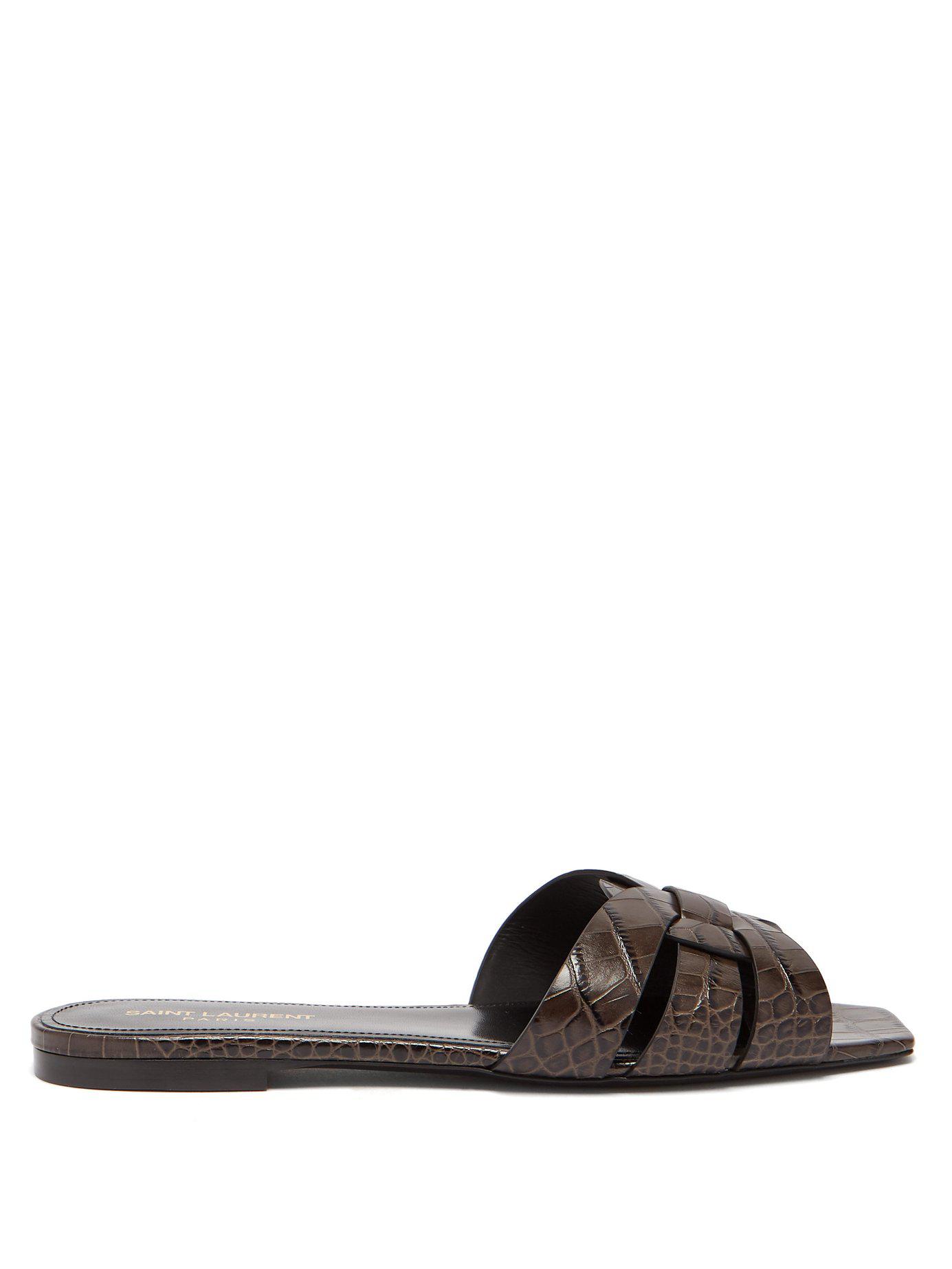 Saint Laurent Tribute Nu Pieds Crocodile Effect Leather Slides in Gray |  Lyst