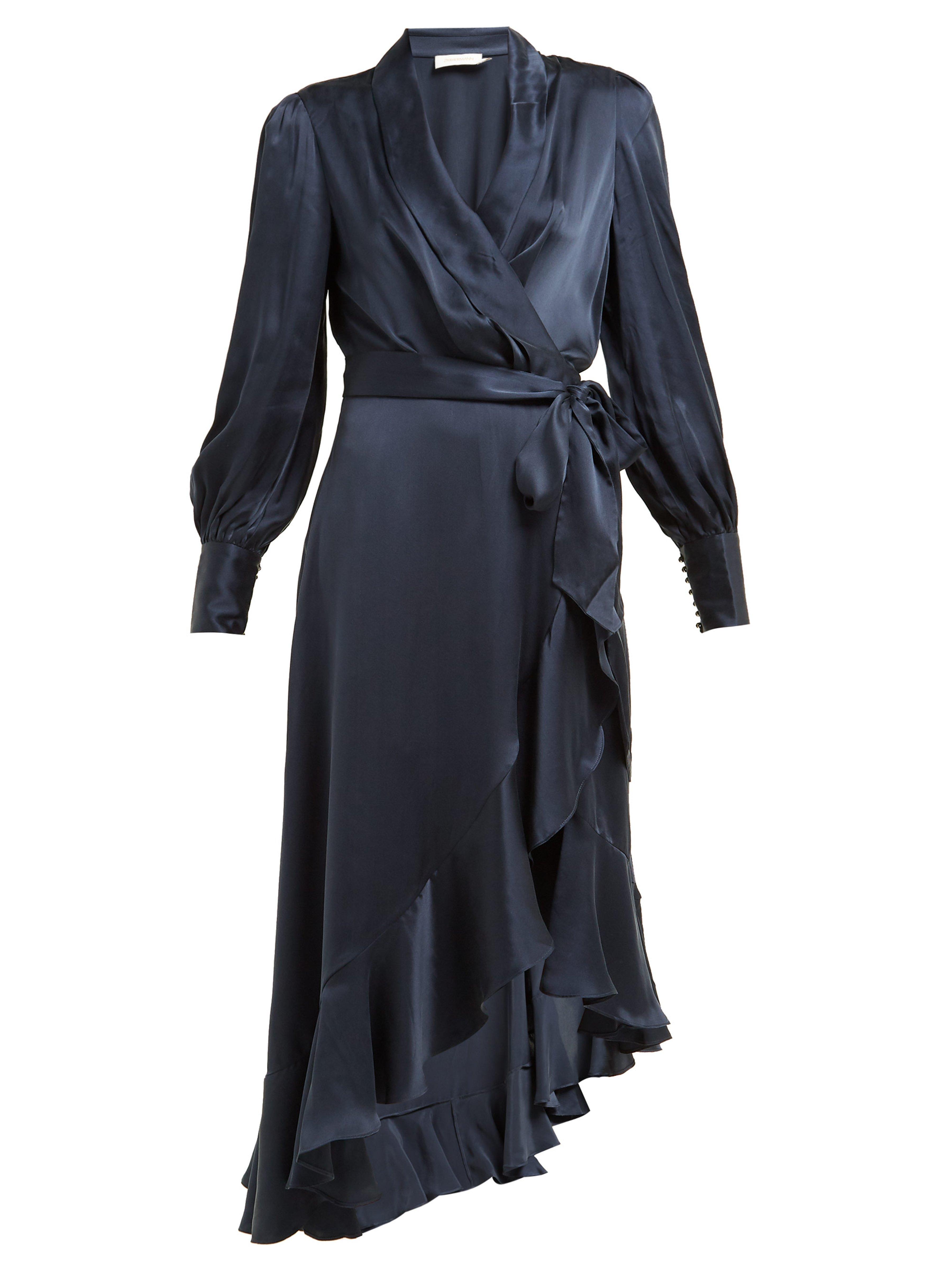 Zimmermann Asymmetric Hem Silk Satin Wrap Dress in Navy (Blue) - Lyst