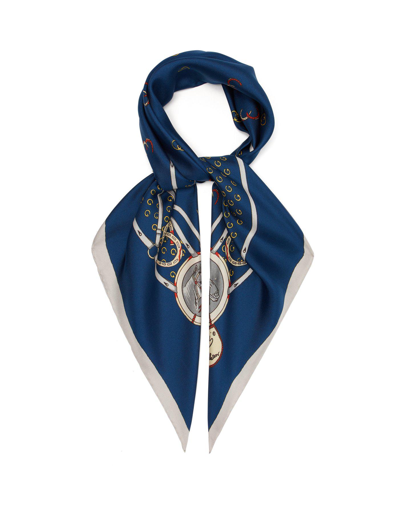 Gucci Gg Horseshoe Print Silk Scarf in Blue for Men Lyst