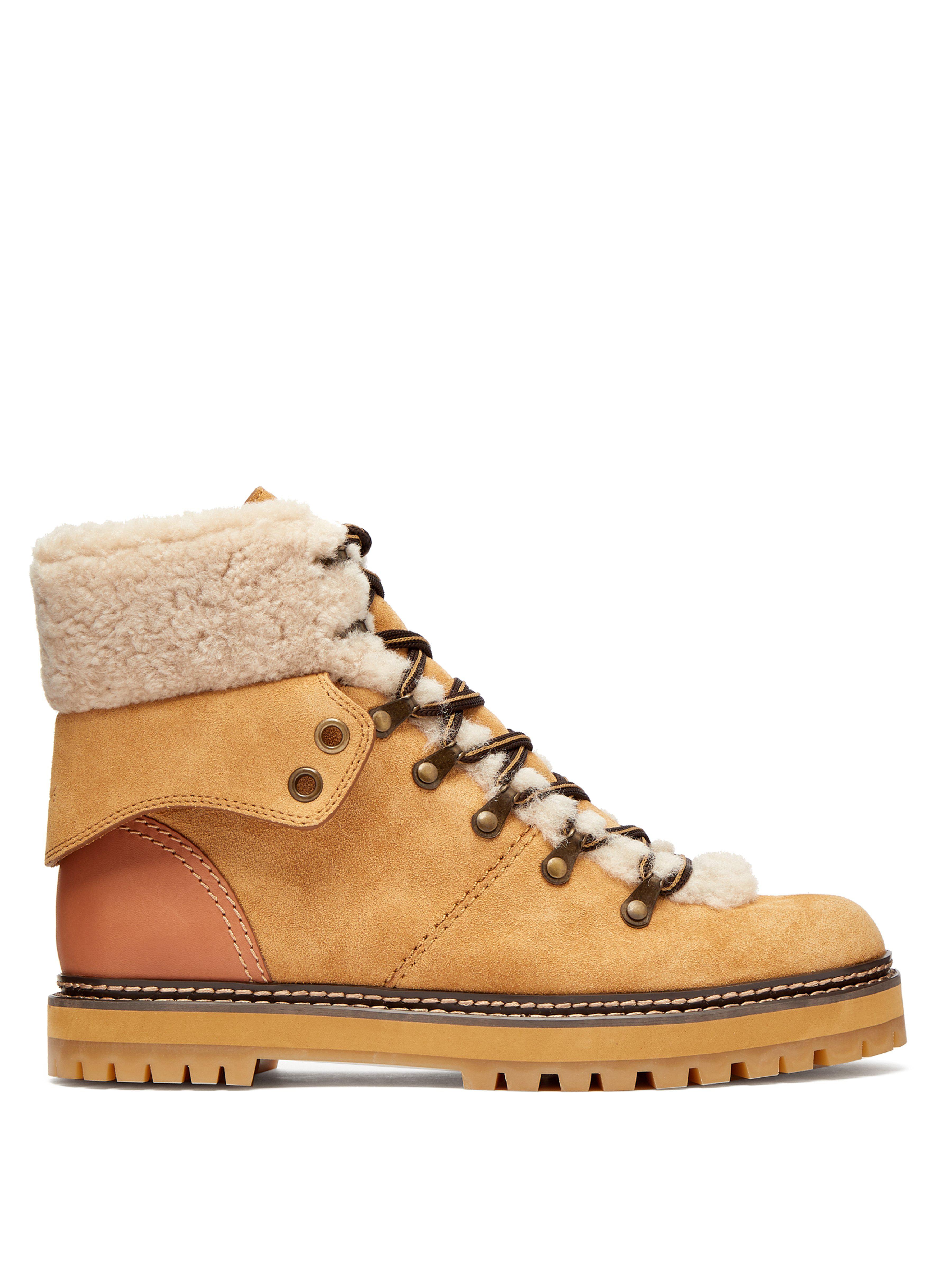 See By Chloé Eileen Shearling-trimmed Suede Ankle Boots in Light Tan (Brown) - Lyst