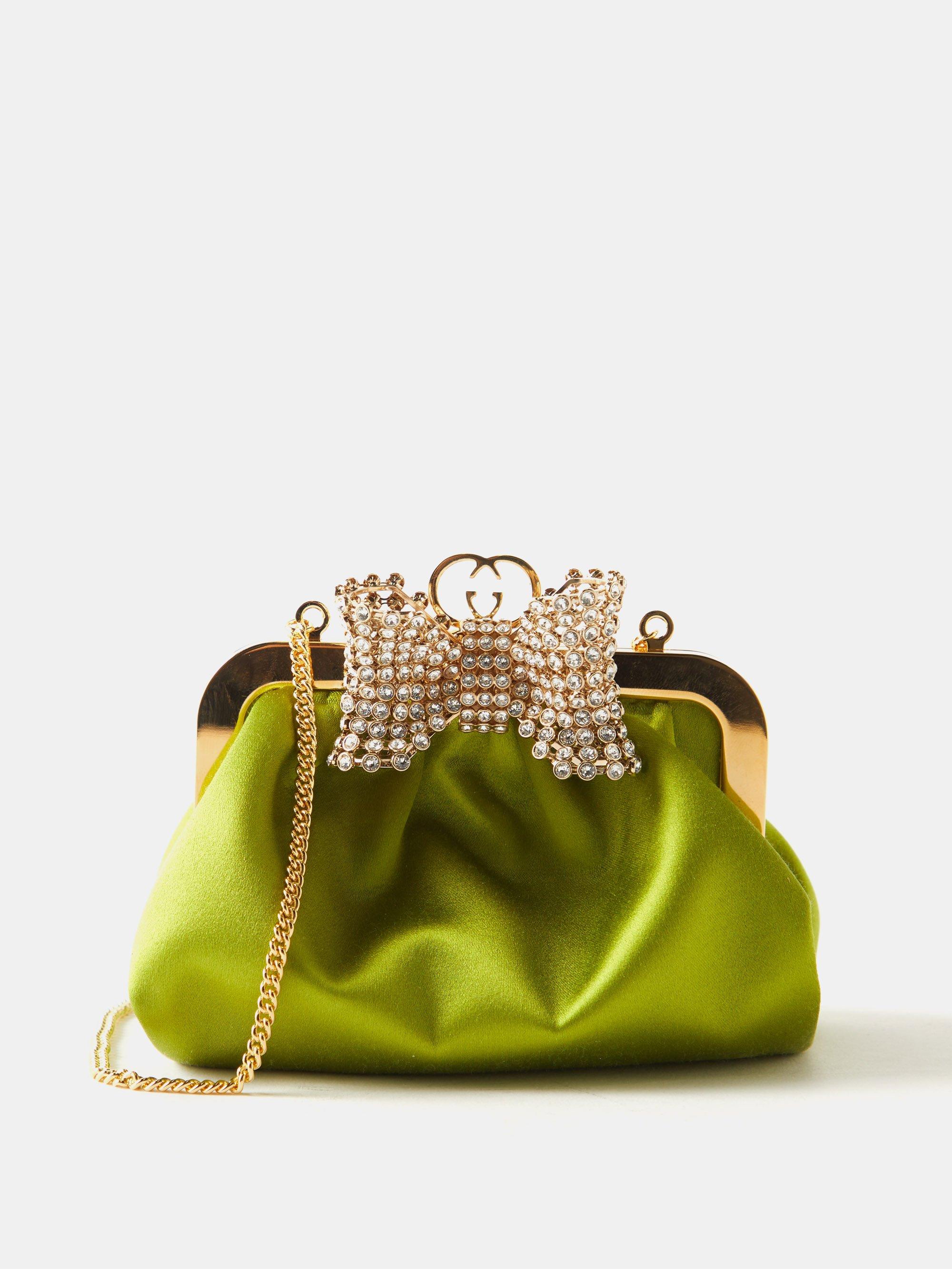 Gucci Crystalembellished Bow Satin Clutch Bag in Green Lyst Canada