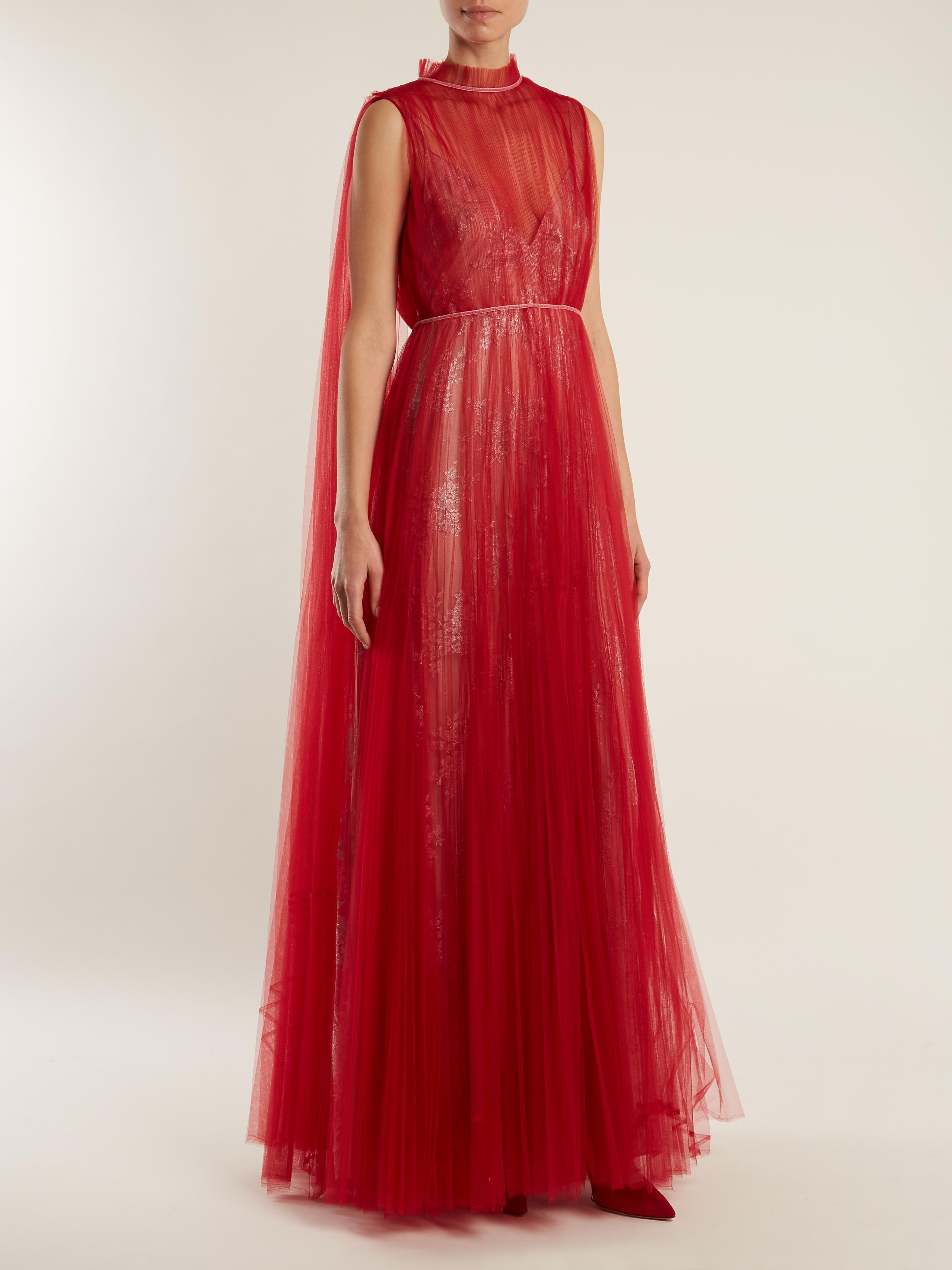Valentino Sleeveless Tulle-overlay And Lace Gown in Red |