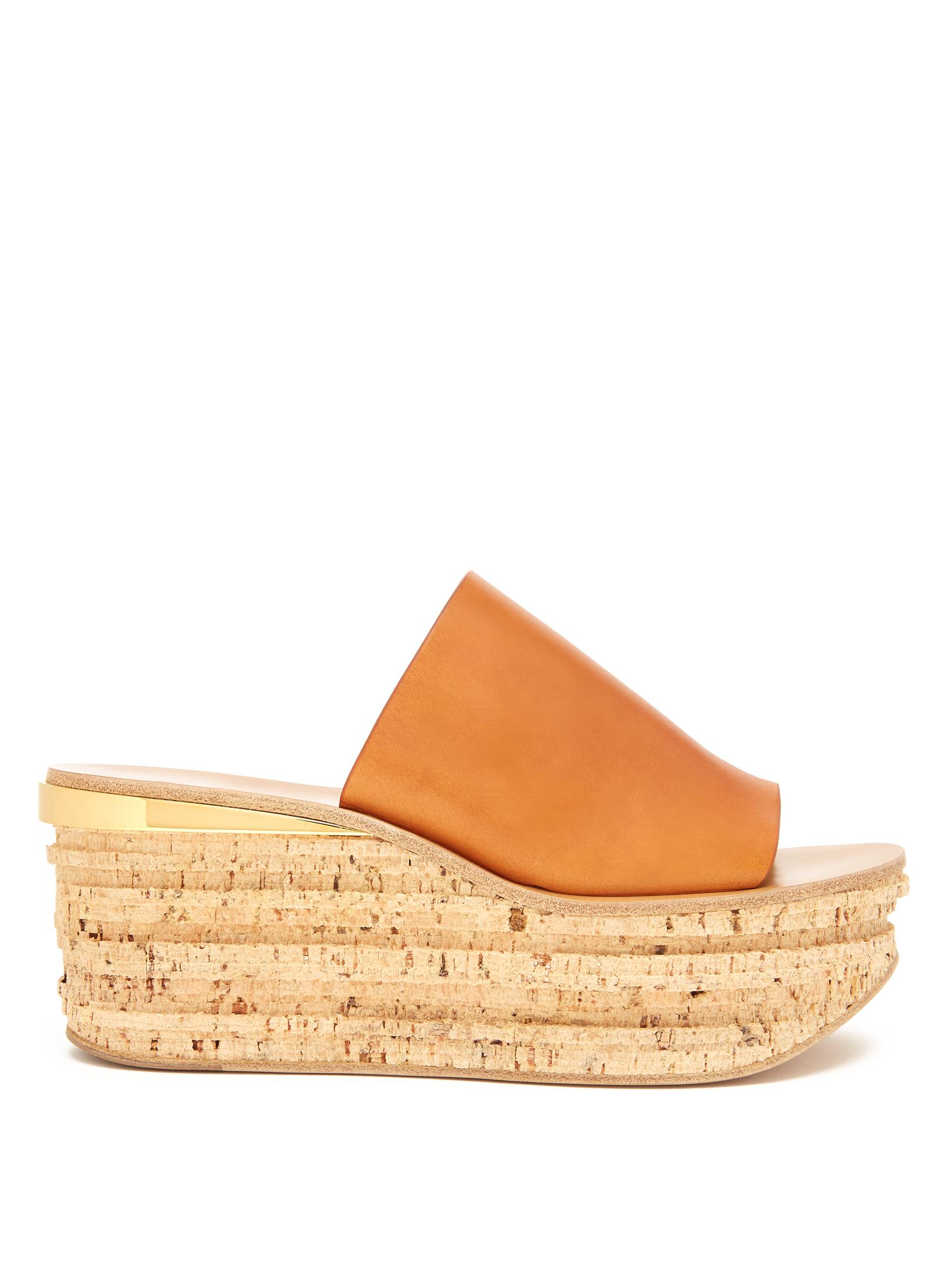 Chloé Camille Leather Wedge Mules in Brown | Lyst