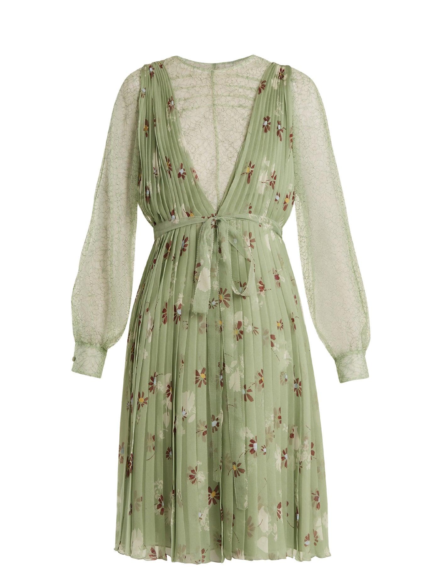 Valentino Floral-print Lace-trimmed Silk-chiffon Dress in Green Print ...