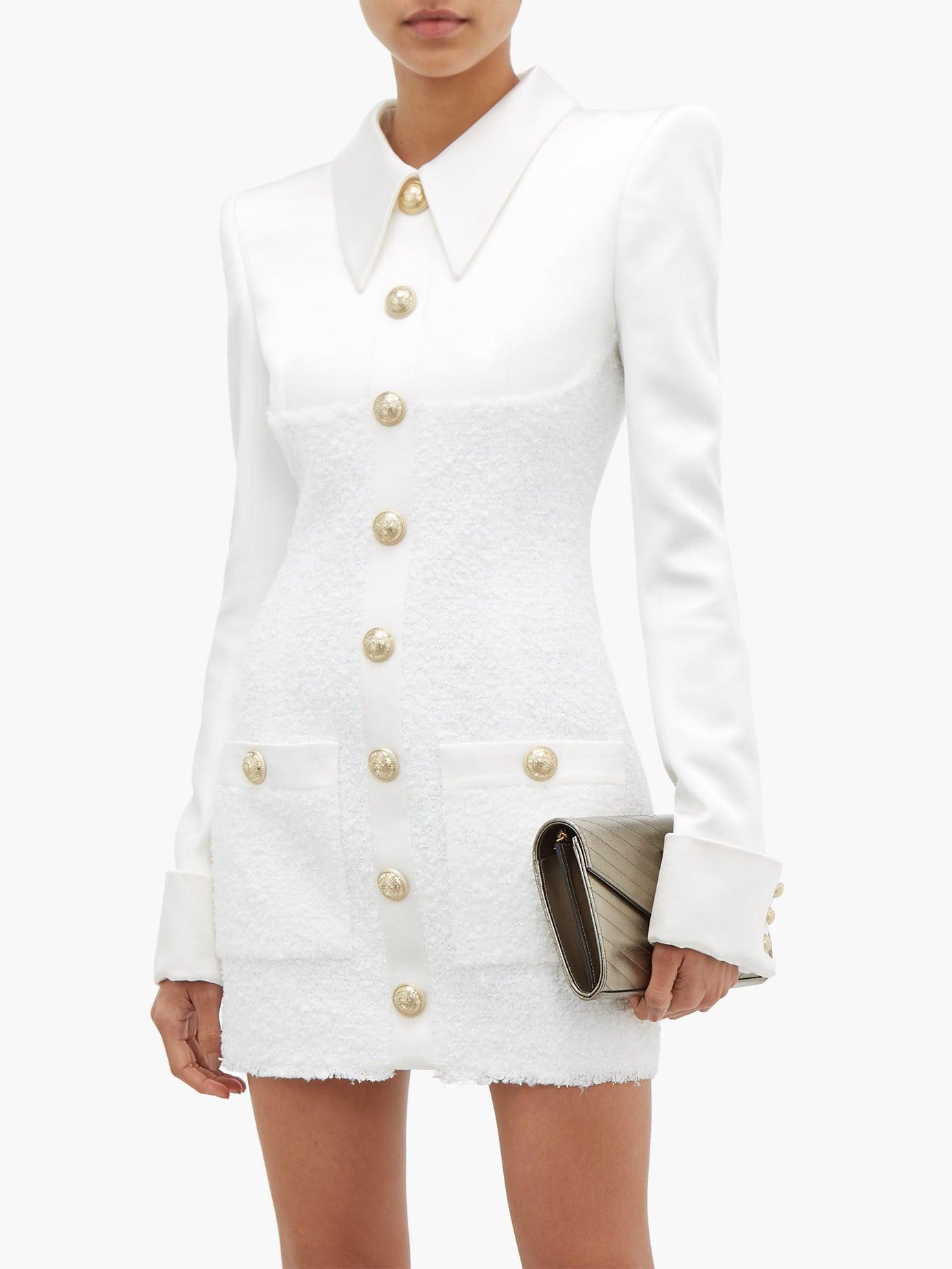 Balmain Buttoned Satin And Tweed Mini Dress in White | Lyst