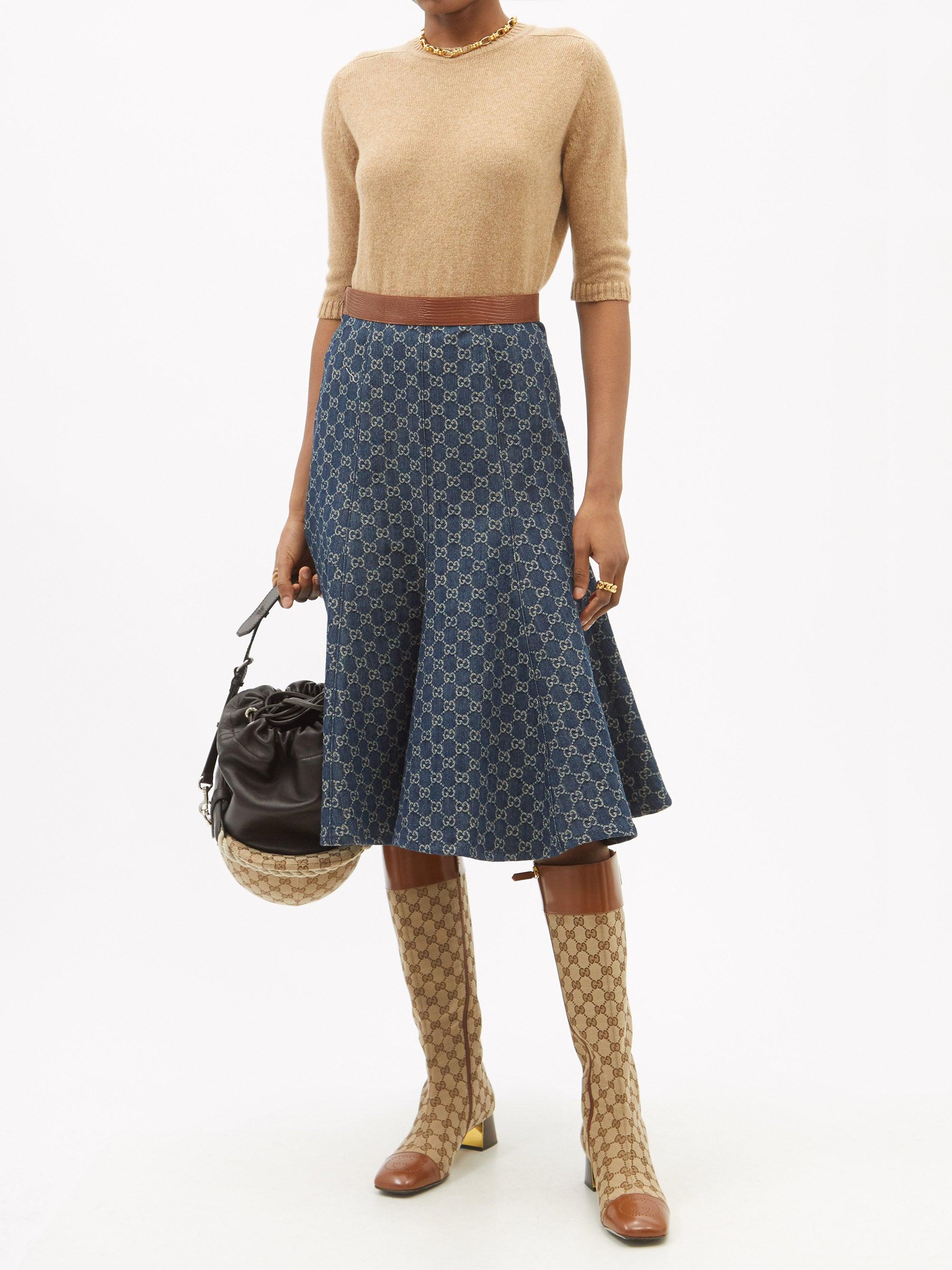 Gucci GG-jacquard Leather-trim Denim Skirt in Blue | Lyst