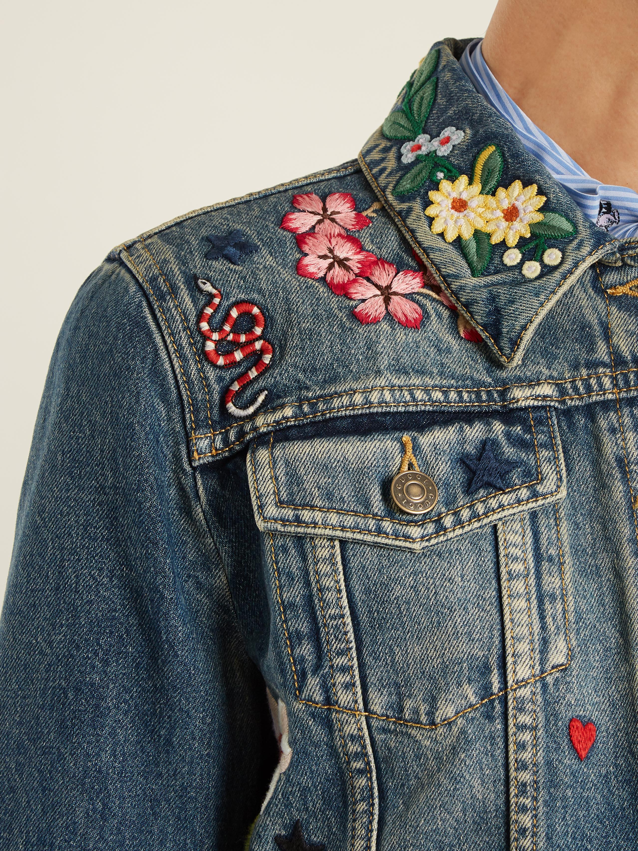 Gucci Floral-embroidered Jacket in Blue | Lyst