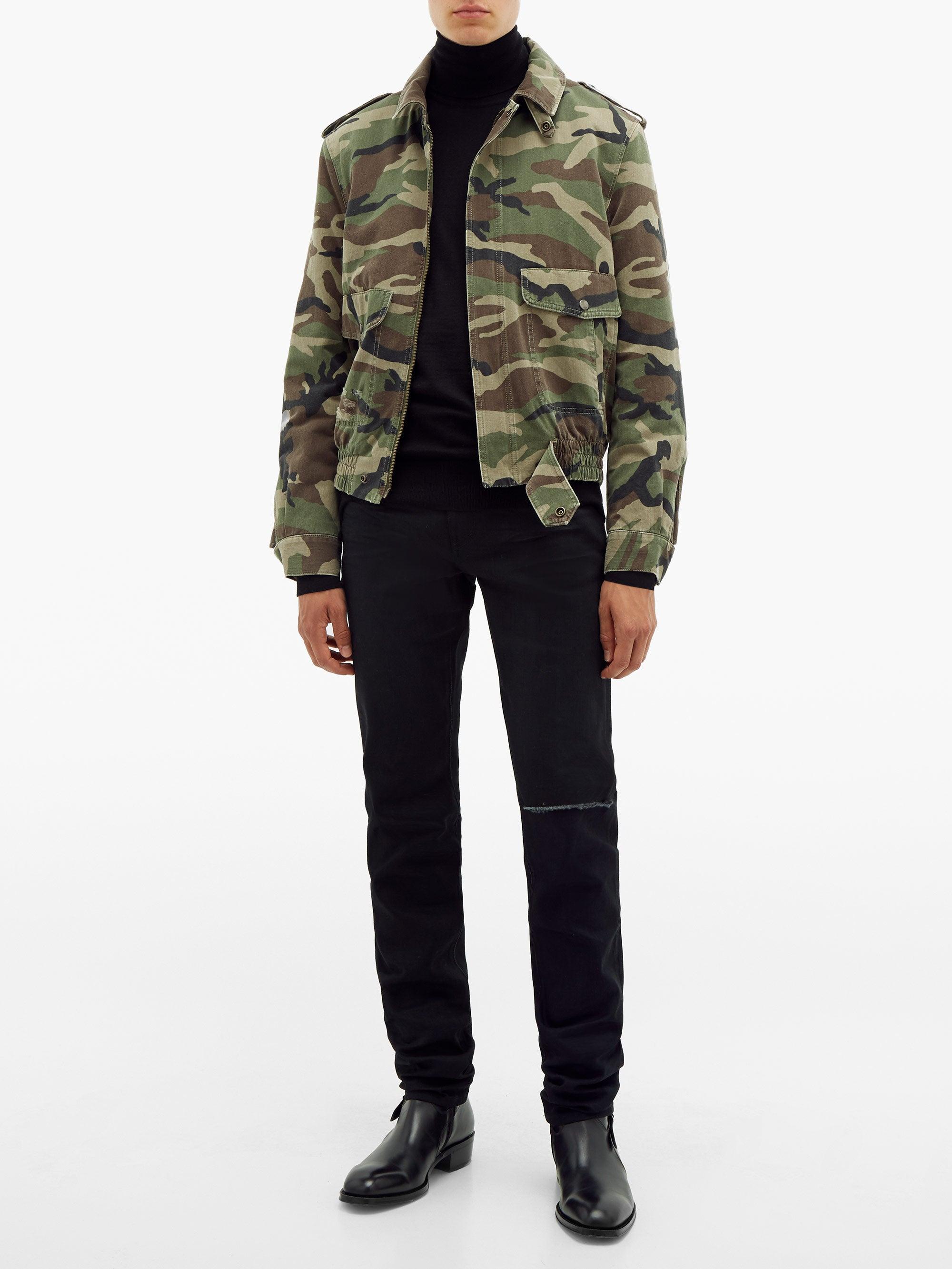 Saint Laurent Camouflage-print Denim And Shearling Jacket in Green for ...