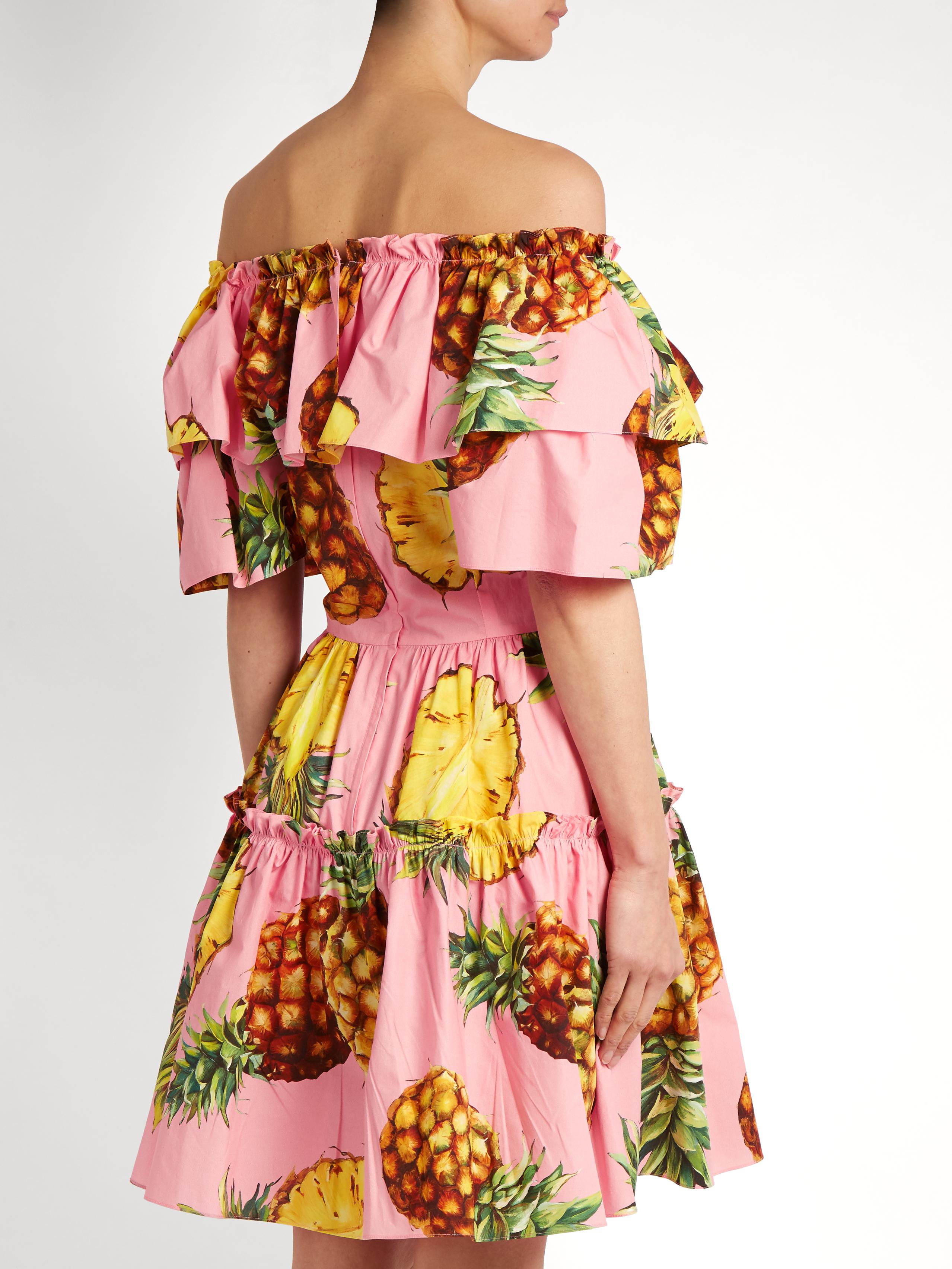 Dolce & Gabbana Pineapple-print Ruffled-panel Cotton Dress in Pink | Lyst