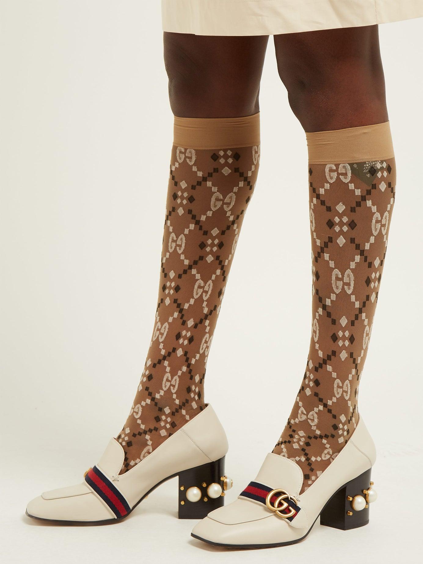 Gucci Logo-jacquard Sheer Knee-high Socks in Natural | Lyst