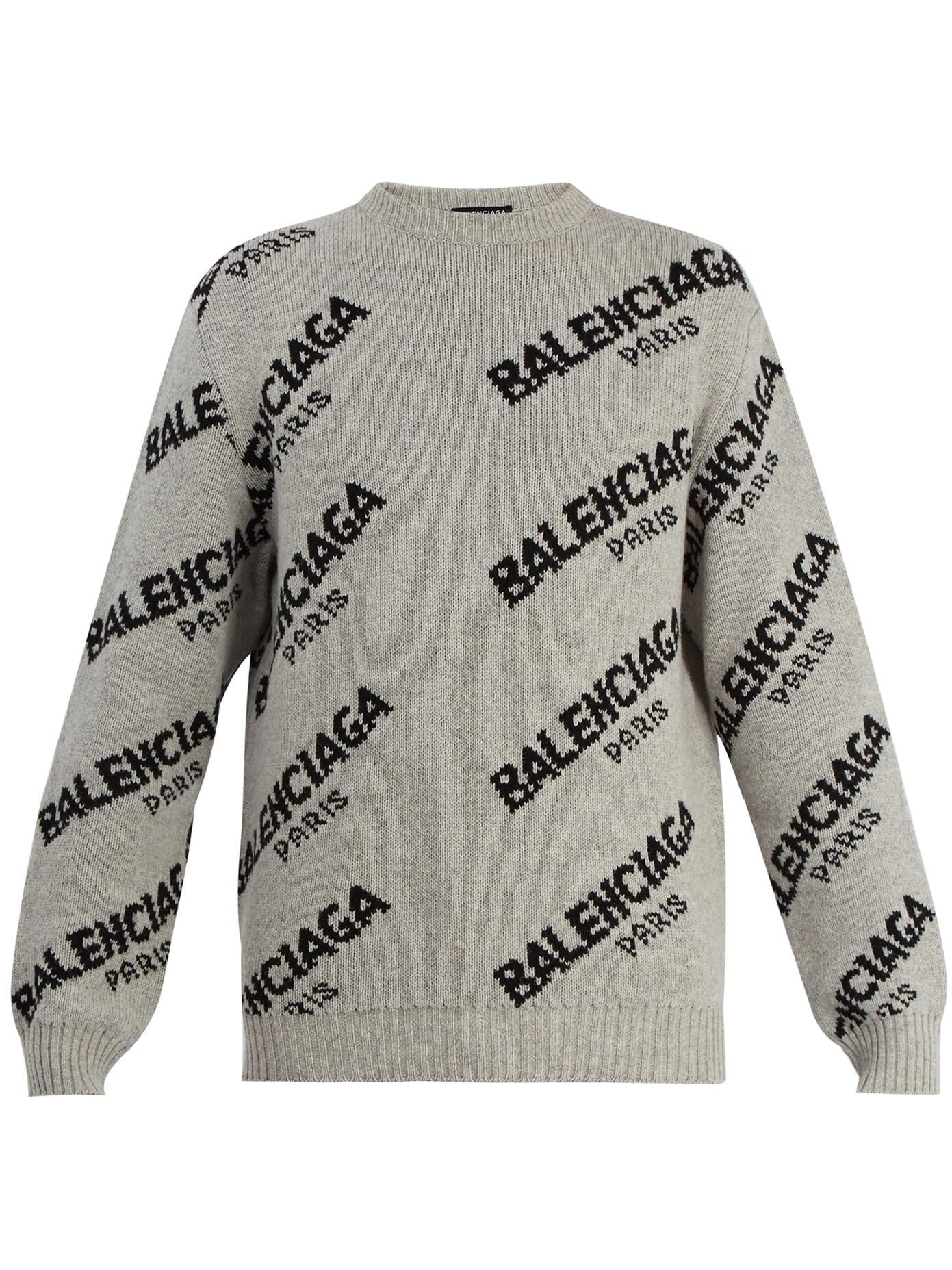 Balenciaga Wool Logo-jacquard Crew-neck Knit Sweater in Grey (Gray) for Men  - Lyst