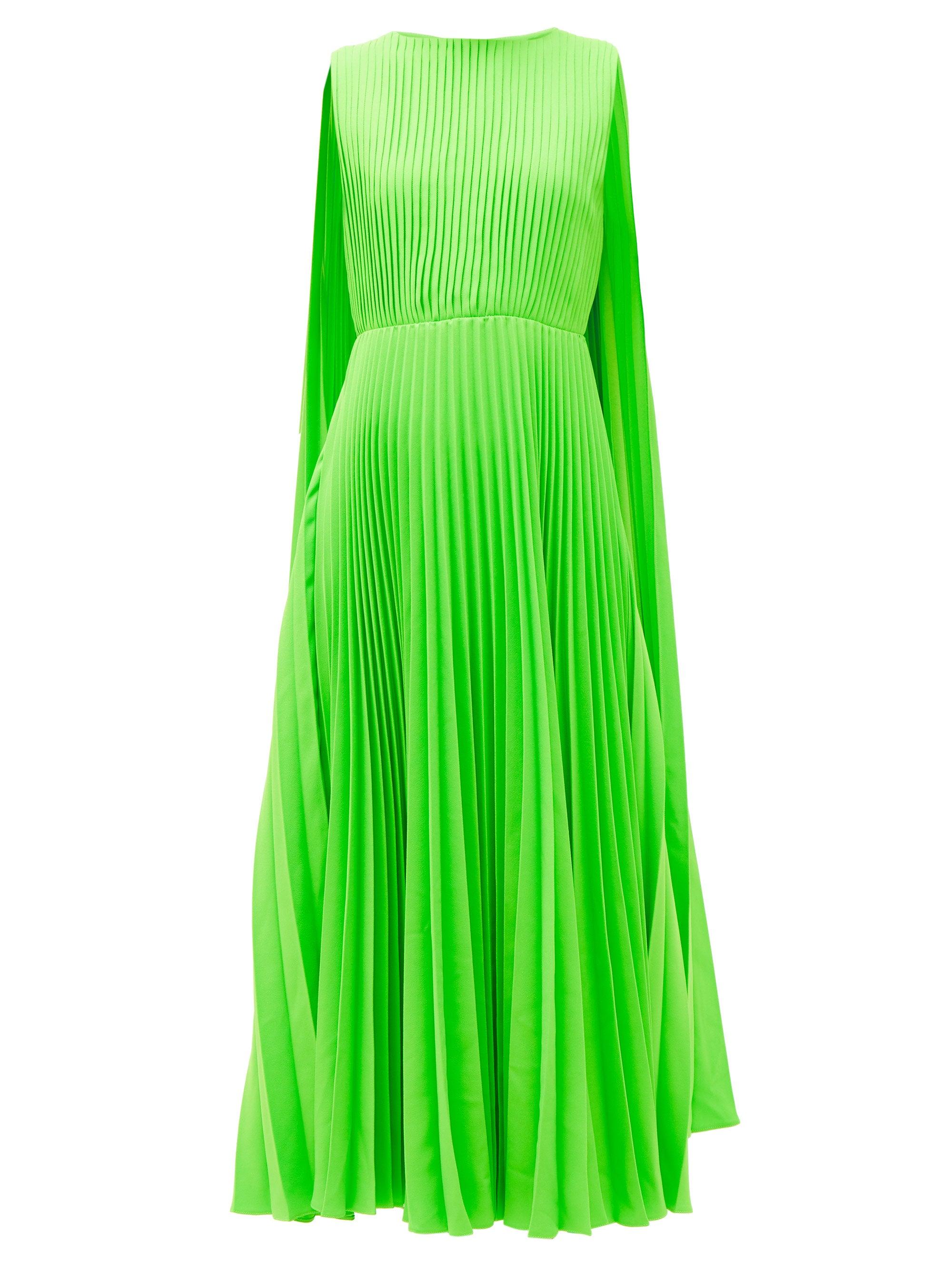 Valentino Caped-shoulder Pleated-crepe Dress in Green | Lyst