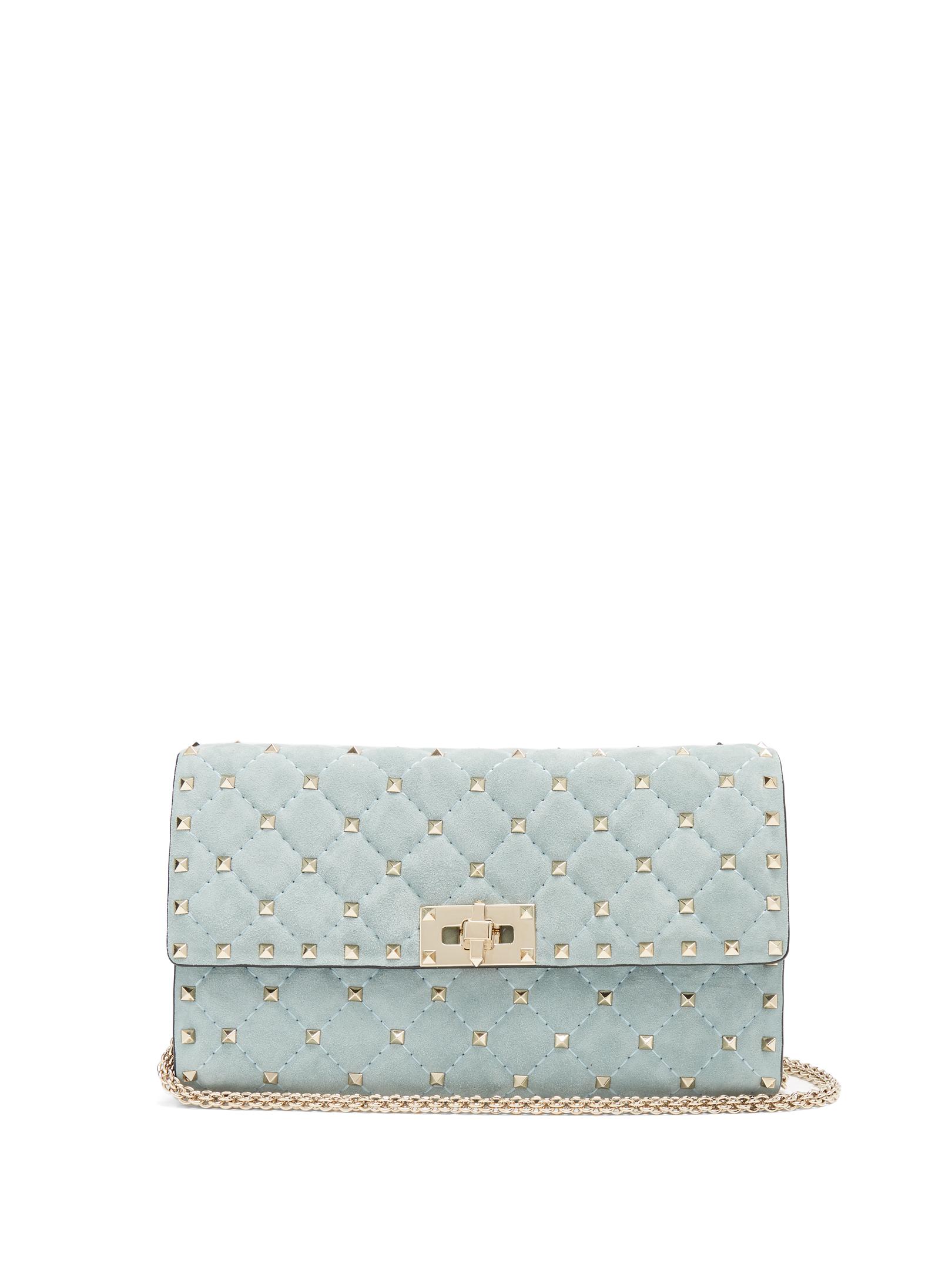 light blue suede clutch bag