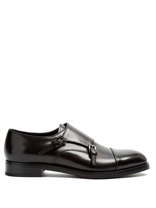 Prada Double Monk-strap Leather Shoes in Black for Men | Lyst