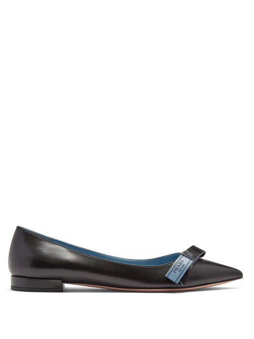 Prada Logo Bow-embellished Point-toe Leather Flats in Black | Lyst
