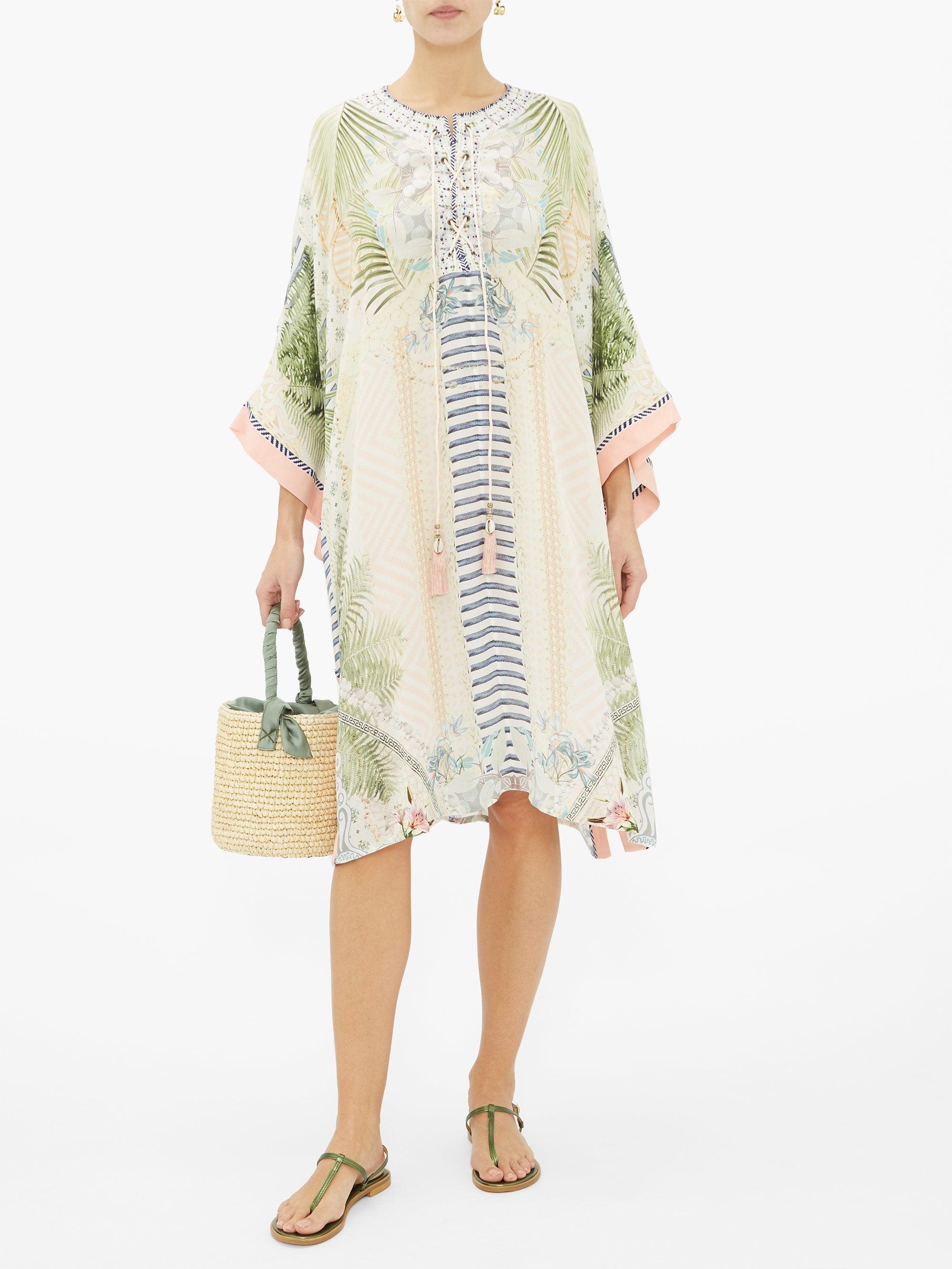 Camilla Beach Shackprint Laceup Silk Kaftan in White Print (White) Lyst