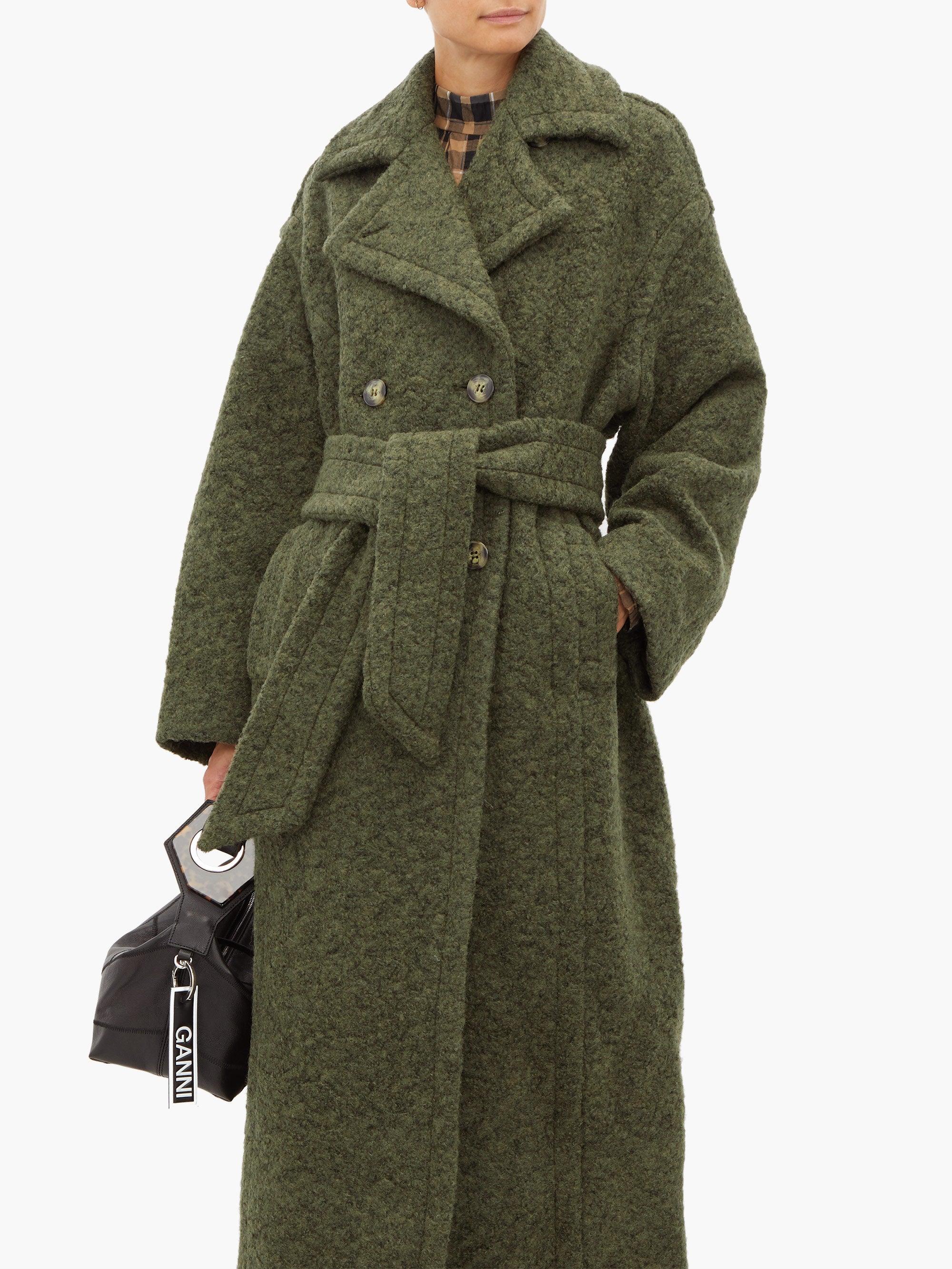Ganni Belted Double-breasted Wool-blend Coat in Green | Lyst