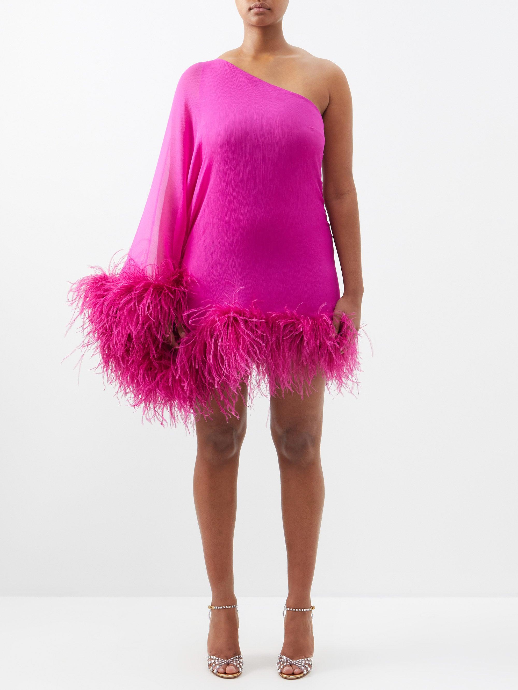 ‎Taller Marmo Ubud Spirito One-shoulder Feather-trim Silk Dress in Pink ...