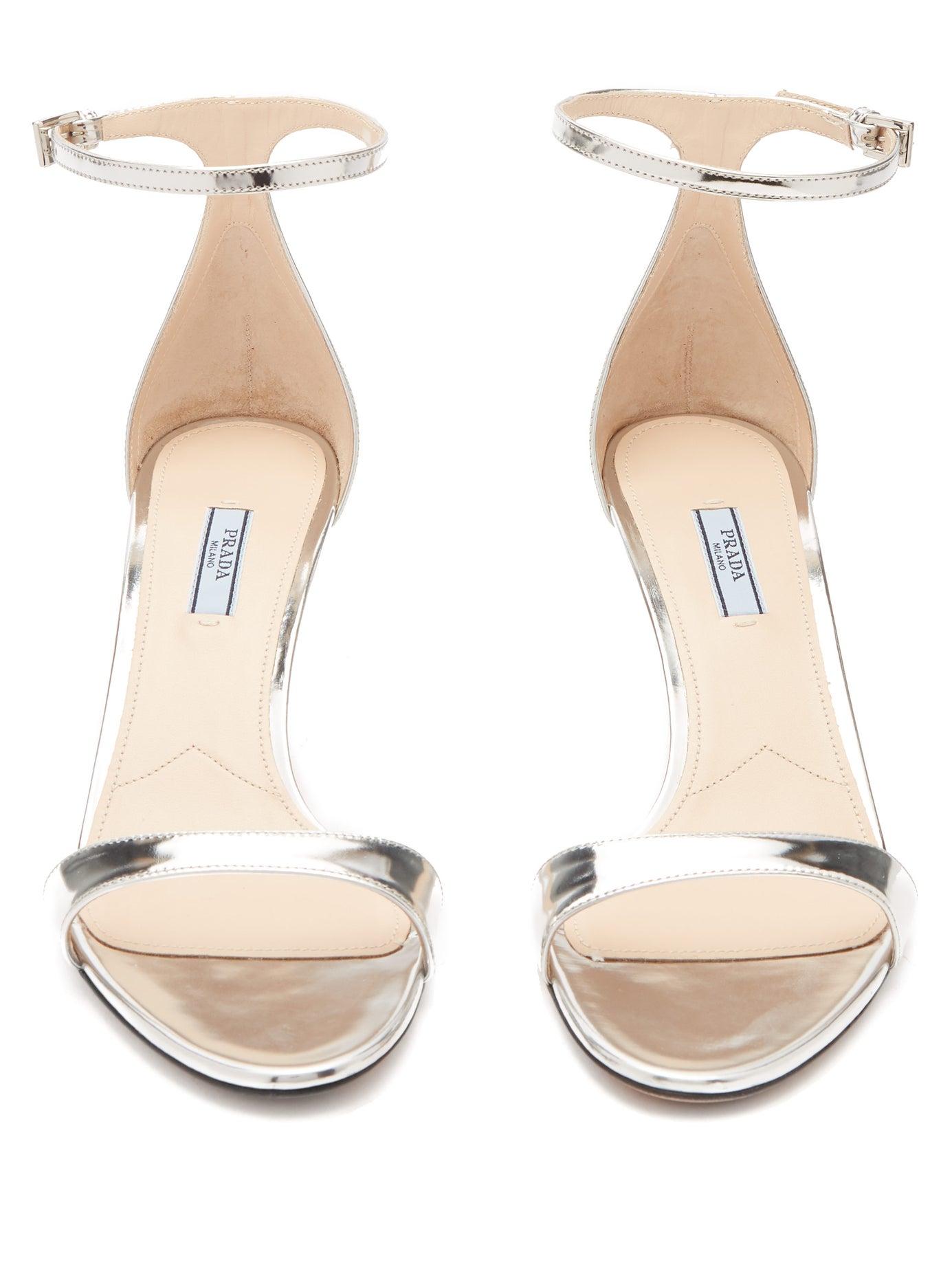 Prada Mirrored-leather Kitten-heel Sandals in Metallic | Lyst